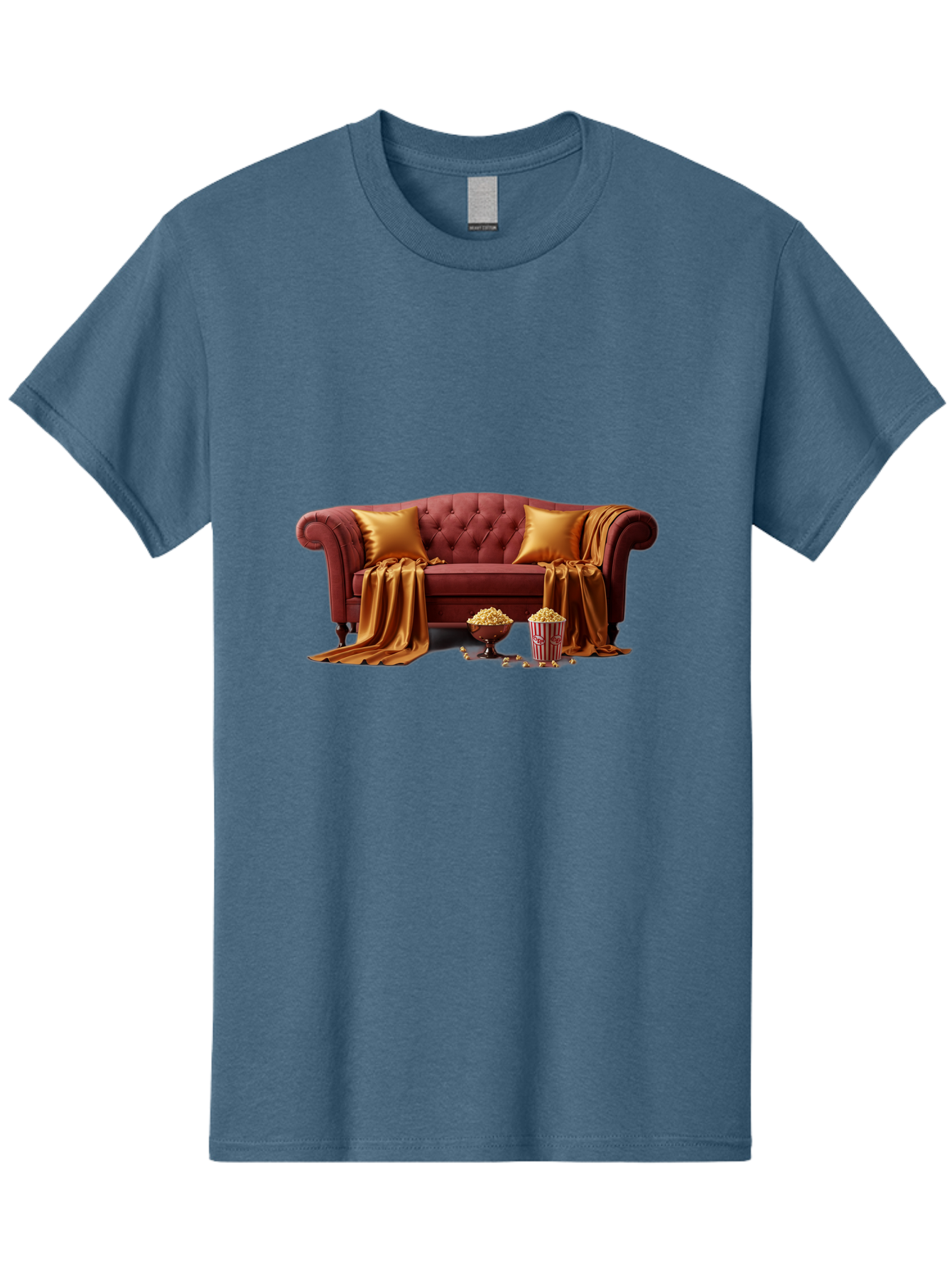 Leather-Sofa Men'S Graphic Tee, 100% Cotton, Comfortable Casual Summer Wear, Machine Washable, Red Couch, Golden Pillows, Golden Blanket, Popcorn, Popcorn Bowl, Popcorn Bucket, Cinema Experience, Home Entertainment, Cozy Atmosphere, Bac118