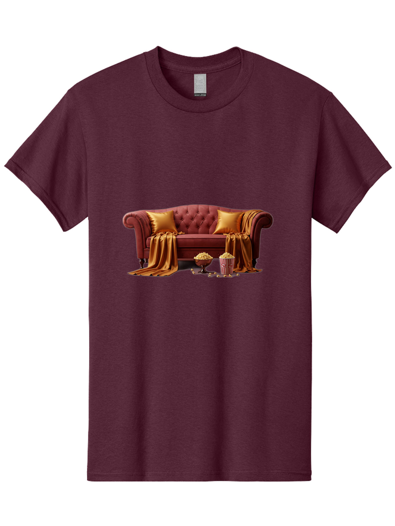 Leather-Sofa Men'S Graphic Tee, 100% Cotton, Comfortable Casual Summer Wear, Machine Washable, Red Couch, Golden Pillows, Golden Blanket, Popcorn, Popcorn Bowl, Popcorn Bucket, Cinema Experience, Home Entertainment, Cozy Atmosphere, Bac118