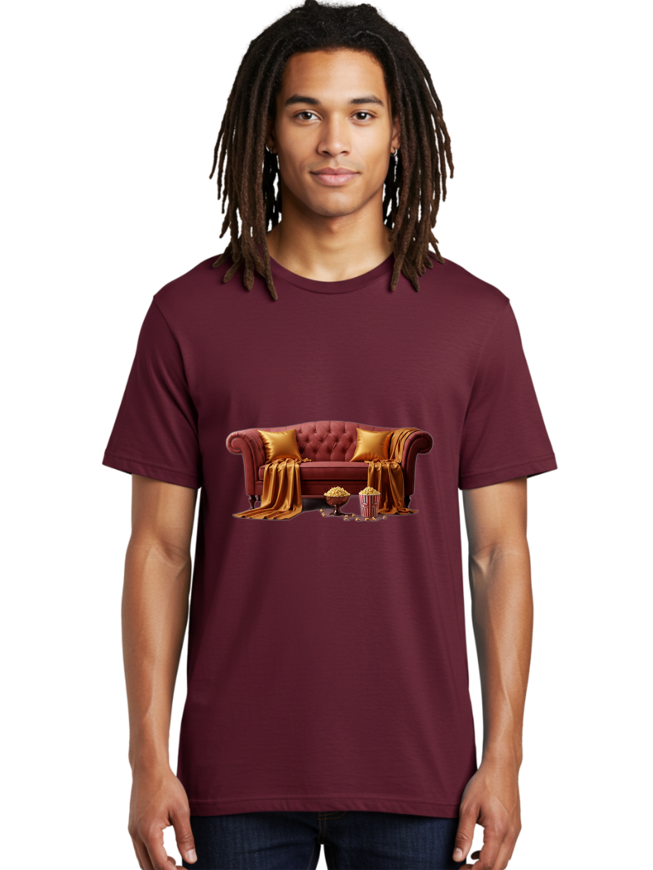 Leather-Sofa Men'S Graphic Tee, 100% Cotton, Comfortable Casual Summer Wear, Machine Washable, Red Couch, Golden Pillows, Golden Blanket, Popcorn, Popcorn Bowl, Popcorn Bucket, Cinema Experience, Home Entertainment, Cozy Atmosphere, Bac118