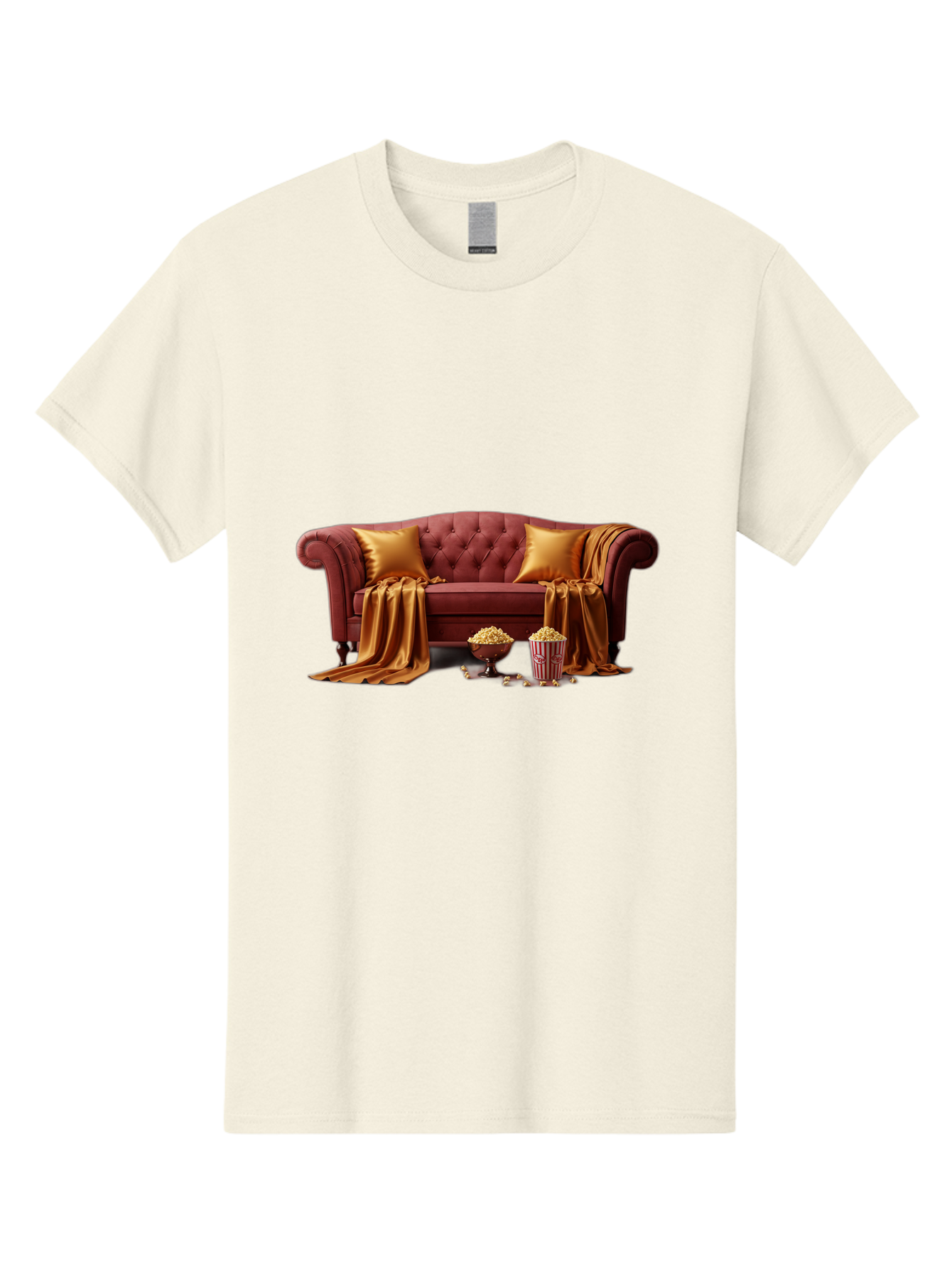 Leather-Sofa Men'S Graphic Tee, 100% Cotton, Comfortable Casual Summer Wear, Machine Washable, Red Couch, Golden Pillows, Golden Blanket, Popcorn, Popcorn Bowl, Popcorn Bucket, Cinema Experience, Home Entertainment, Cozy Atmosphere, Bac118