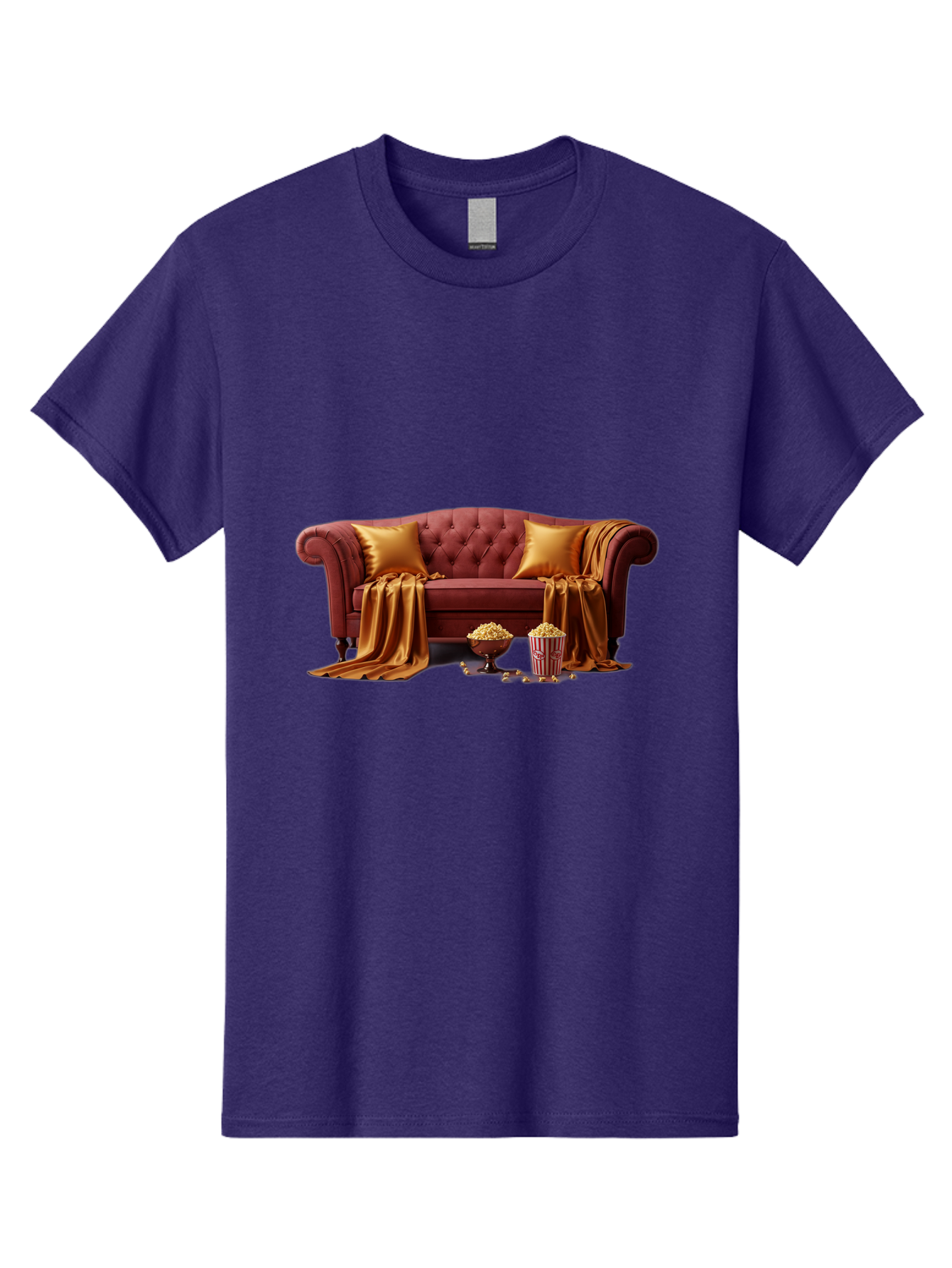 Leather-Sofa Men'S Graphic Tee, 100% Cotton, Comfortable Casual Summer Wear, Machine Washable, Red Couch, Golden Pillows, Golden Blanket, Popcorn, Popcorn Bowl, Popcorn Bucket, Cinema Experience, Home Entertainment, Cozy Atmosphere, Bac118