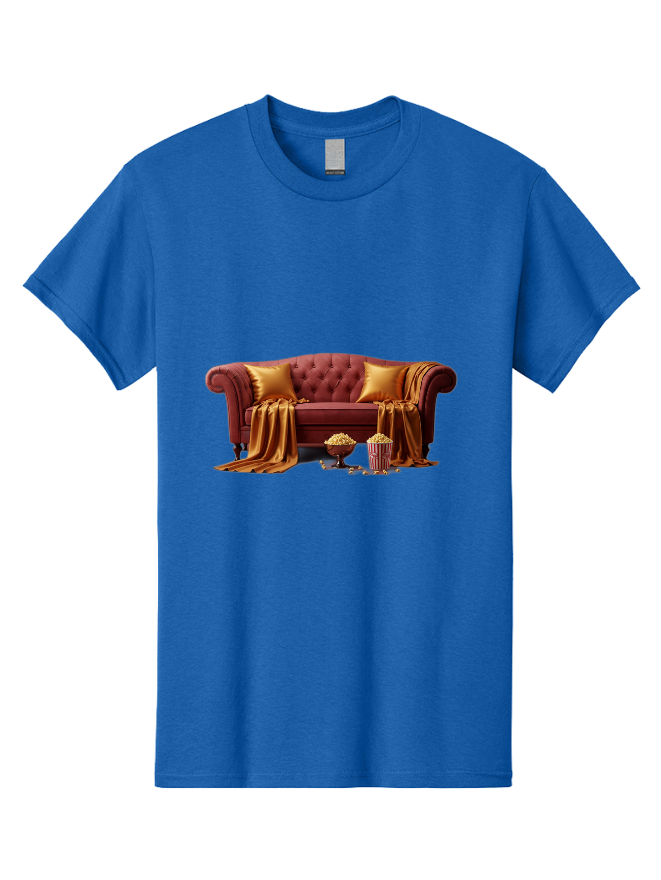 Leather-Sofa Men'S Graphic Tee, 100% Cotton, Comfortable Casual Summer Wear, Machine Washable, Red Couch, Golden Pillows, Golden Blanket, Popcorn, Popcorn Bowl, Popcorn Bucket, Cinema Experience, Home Entertainment, Cozy Atmosphere, Bac118