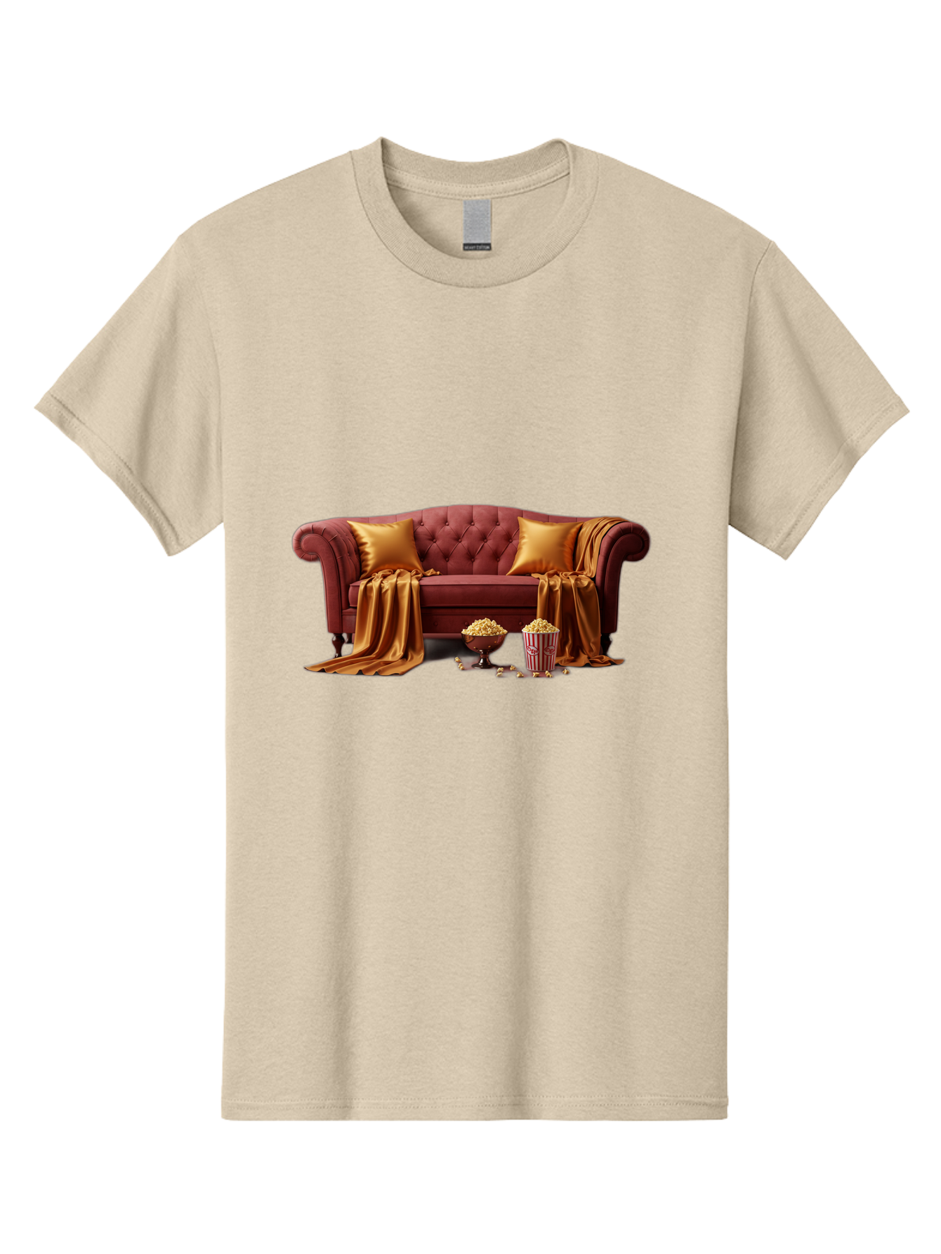 Leather-Sofa Men'S Graphic Tee, 100% Cotton, Comfortable Casual Summer Wear, Machine Washable, Red Couch, Golden Pillows, Golden Blanket, Popcorn, Popcorn Bowl, Popcorn Bucket, Cinema Experience, Home Entertainment, Cozy Atmosphere, Bac118