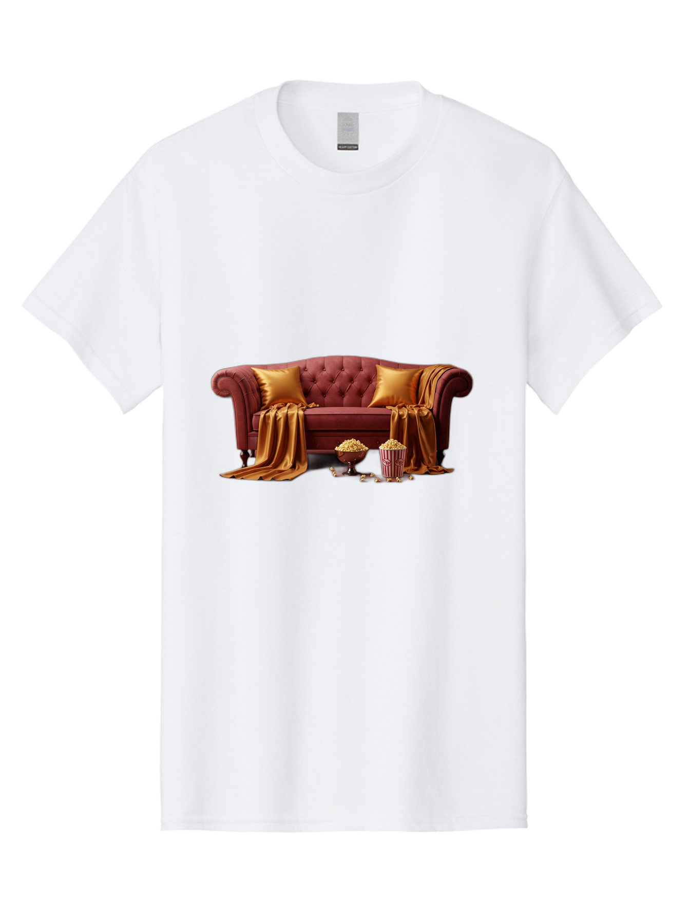 Leather-Sofa Men'S Graphic Tee, 100% Cotton, Comfortable Casual Summer Wear, Machine Washable, Red Couch, Golden Pillows, Golden Blanket, Popcorn, Popcorn Bowl, Popcorn Bucket, Cinema Experience, Home Entertainment, Cozy Atmosphere, Bac118