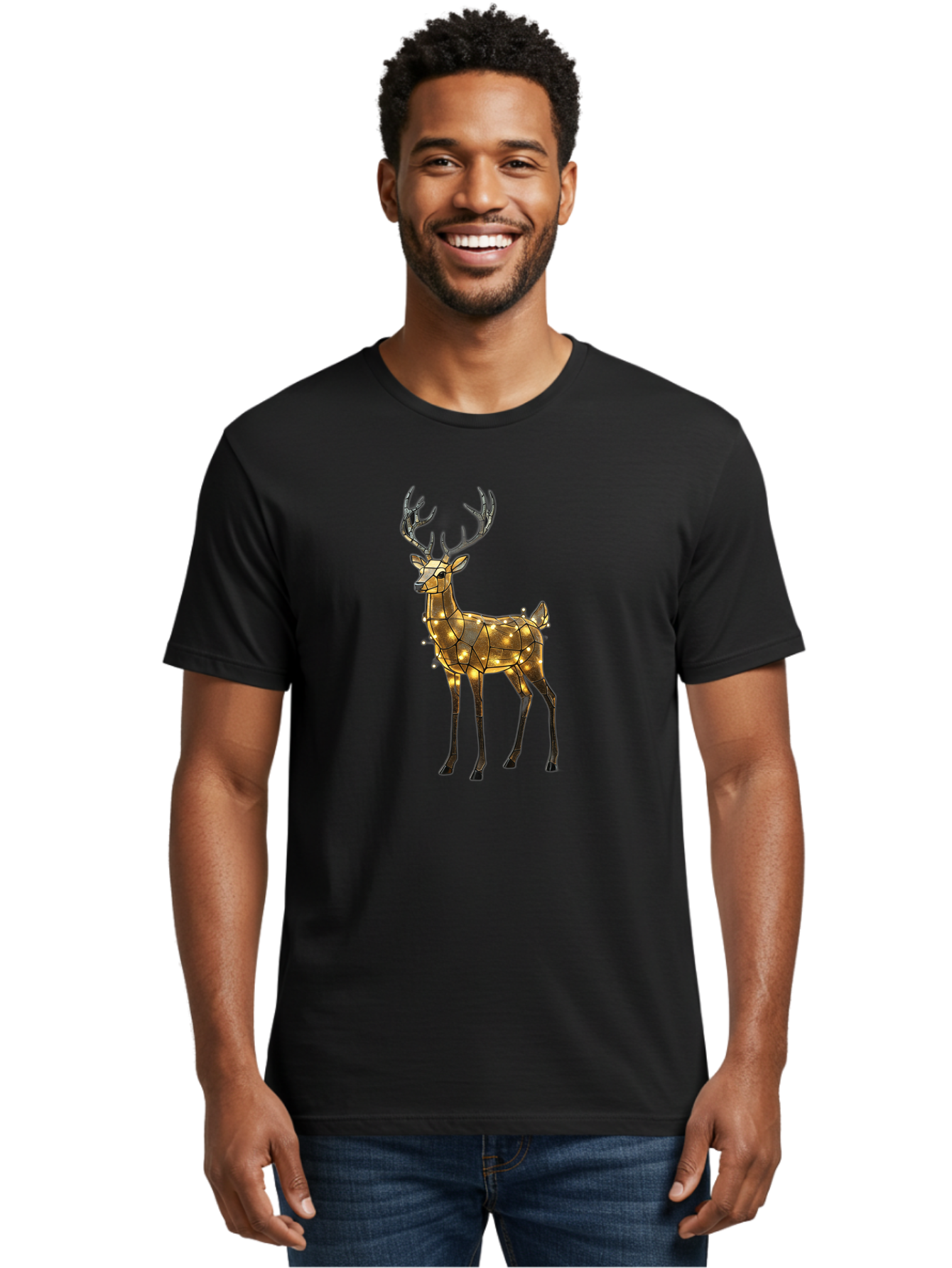 Led-Reindeer Men'S Graphic Tee, 100% Cotton, Comfortable Casual Summer Wear, Machine Washable, Illuminated Reindeer, Golden Lights, Festive Decor, Christmas Display, Holiday Decoration, Wire Sculpture, Glowing Ornament, Seasonal Display Bac119
