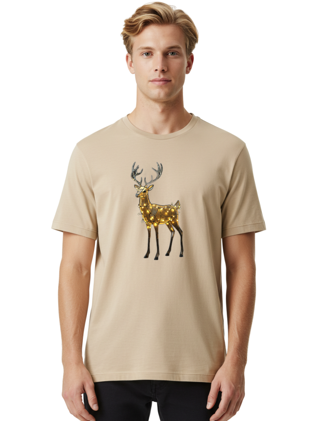 Led-Reindeer Men'S Graphic Tee, 100% Cotton, Comfortable Casual Summer Wear, Machine Washable, Illuminated Reindeer, Golden Lights, Festive Decor, Christmas Display, Holiday Decoration, Wire Sculpture, Glowing Ornament, Seasonal Display Bac119
