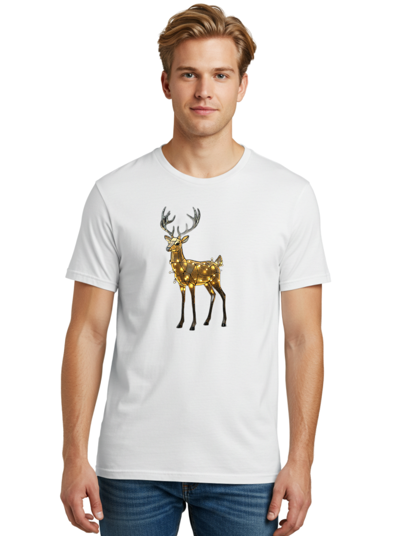 Led-Reindeer Men'S Graphic Tee, 100% Cotton, Comfortable Casual Summer Wear, Machine Washable, Illuminated Reindeer, Golden Lights, Festive Decor, Christmas Display, Holiday Decoration, Wire Sculpture, Glowing Ornament, Seasonal Display Bac119