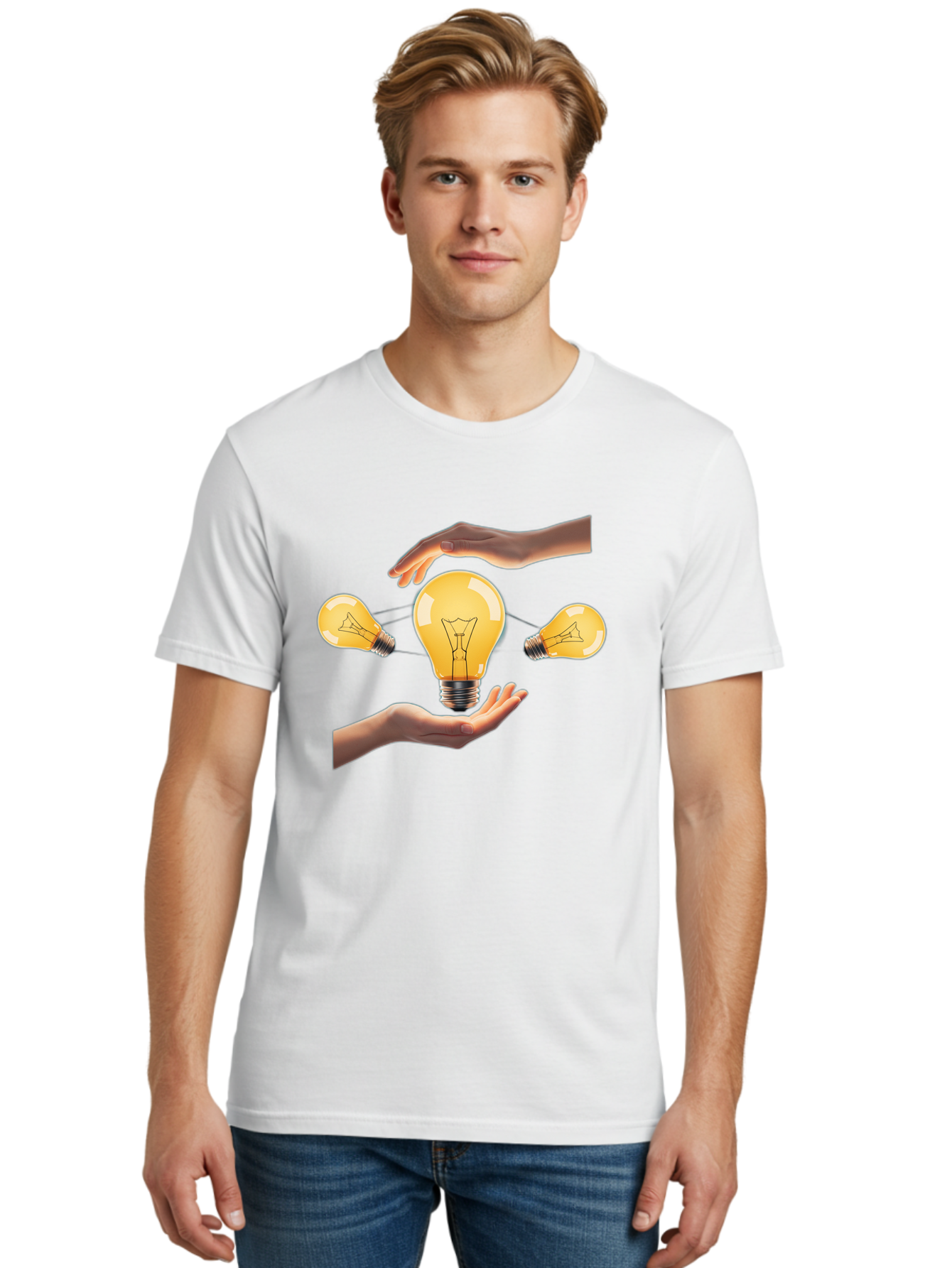 Light-Bulb Men'S Graphic Tee, 100% Cotton, Comfortable Casual Summer Wear, Machine Washable, Creative Idea, Light Bulb Moment, Innovative Thinking, Brainstorming Session, Teamwork, Collaboration, Problem Solving, Glow, Inspiration Bac121