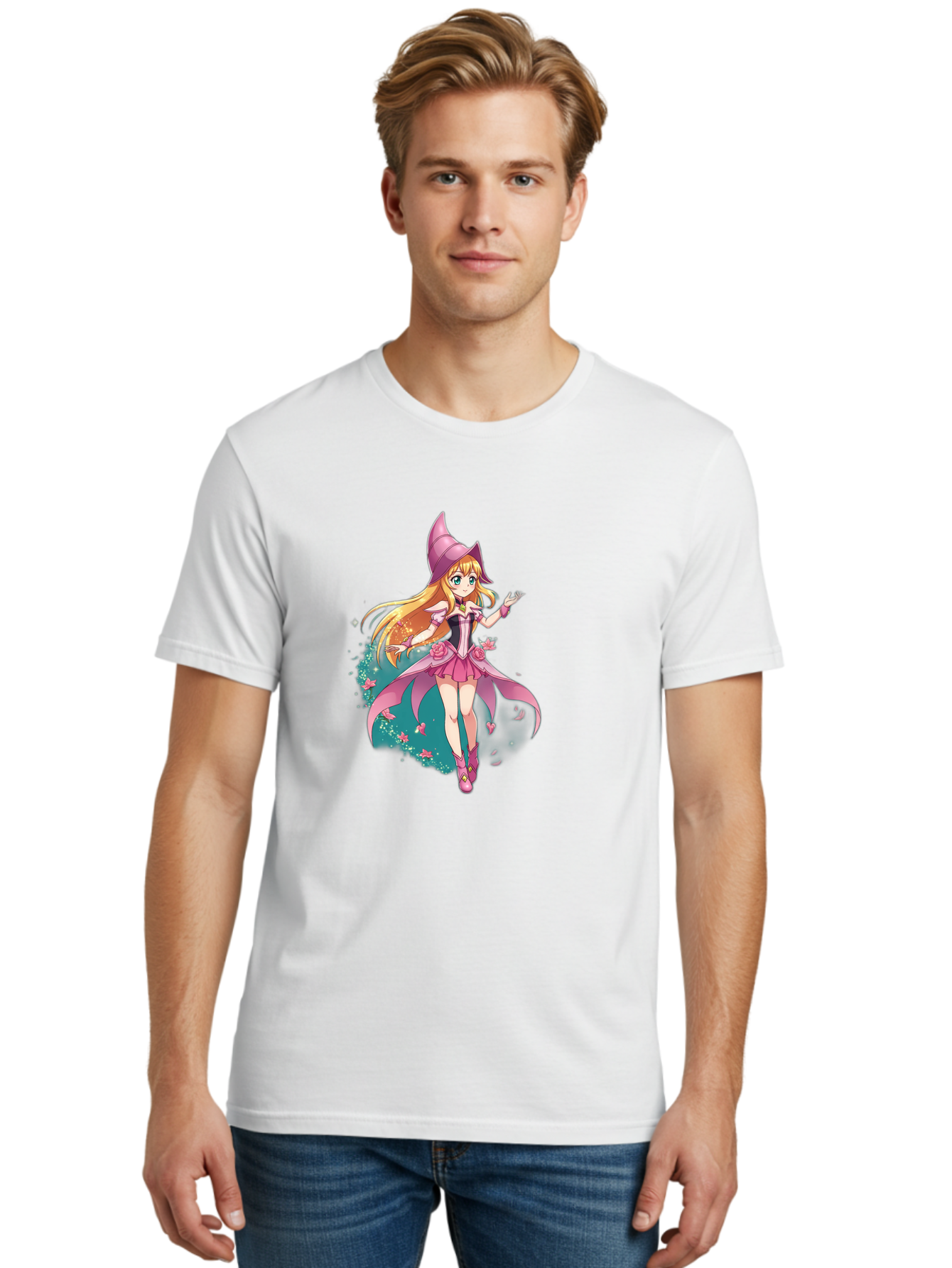 Lockette Men'S Graphic Tee, 100% Cotton, Comfortable Casual Summer Wear, Machine Washable, Anime Girl, Magical Powers, Fantasy Illustration, Pink Dress, Blonde Hair, Blue Eyes, Pink Hat, Charming Character, Winx Club Bac122