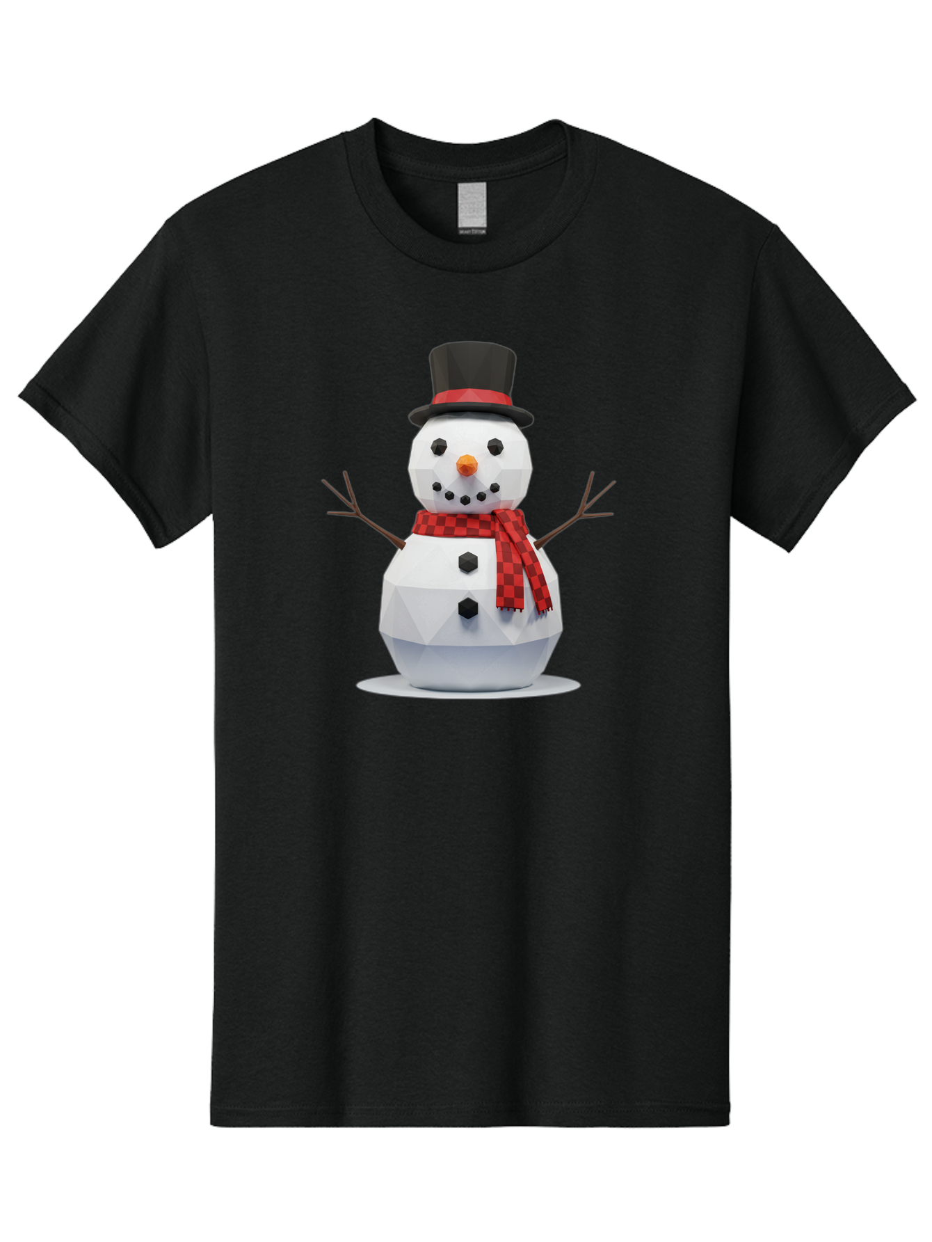 Low-Poly-Snowman-Portrait Men'S Graphic Tee, 100% Cotton, Comfortable Casual Summer Wear, Machine Washable, Low Poly Snowman, 3D Model, Winter Decoration, Festive Character, Checkered Scarf, Black Top Hat, Geometric Design, Christmas Theme, Bac123