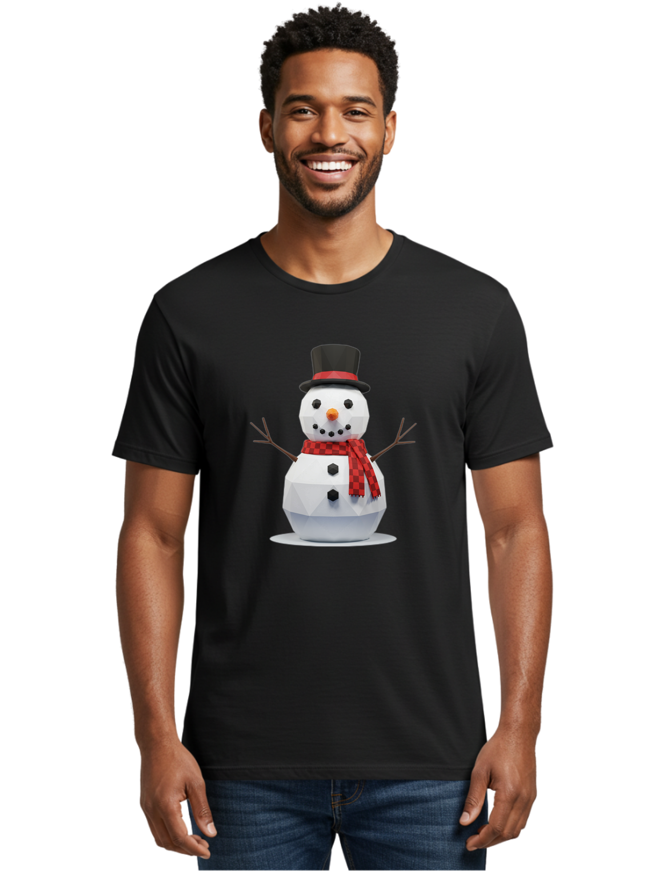 Low-Poly-Snowman-Portrait Men'S Graphic Tee, 100% Cotton, Comfortable Casual Summer Wear, Machine Washable, Low Poly Snowman, 3D Model, Winter Decoration, Festive Character, Checkered Scarf, Black Top Hat, Geometric Design, Christmas Theme, Bac123