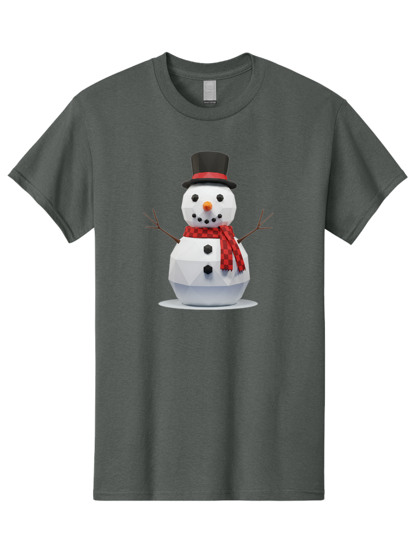 Low-Poly-Snowman-Portrait Men'S Graphic Tee, 100% Cotton, Comfortable Casual Summer Wear, Machine Washable, Low Poly Snowman, 3D Model, Winter Decoration, Festive Character, Checkered Scarf, Black Top Hat, Geometric Design, Christmas Theme, Bac123