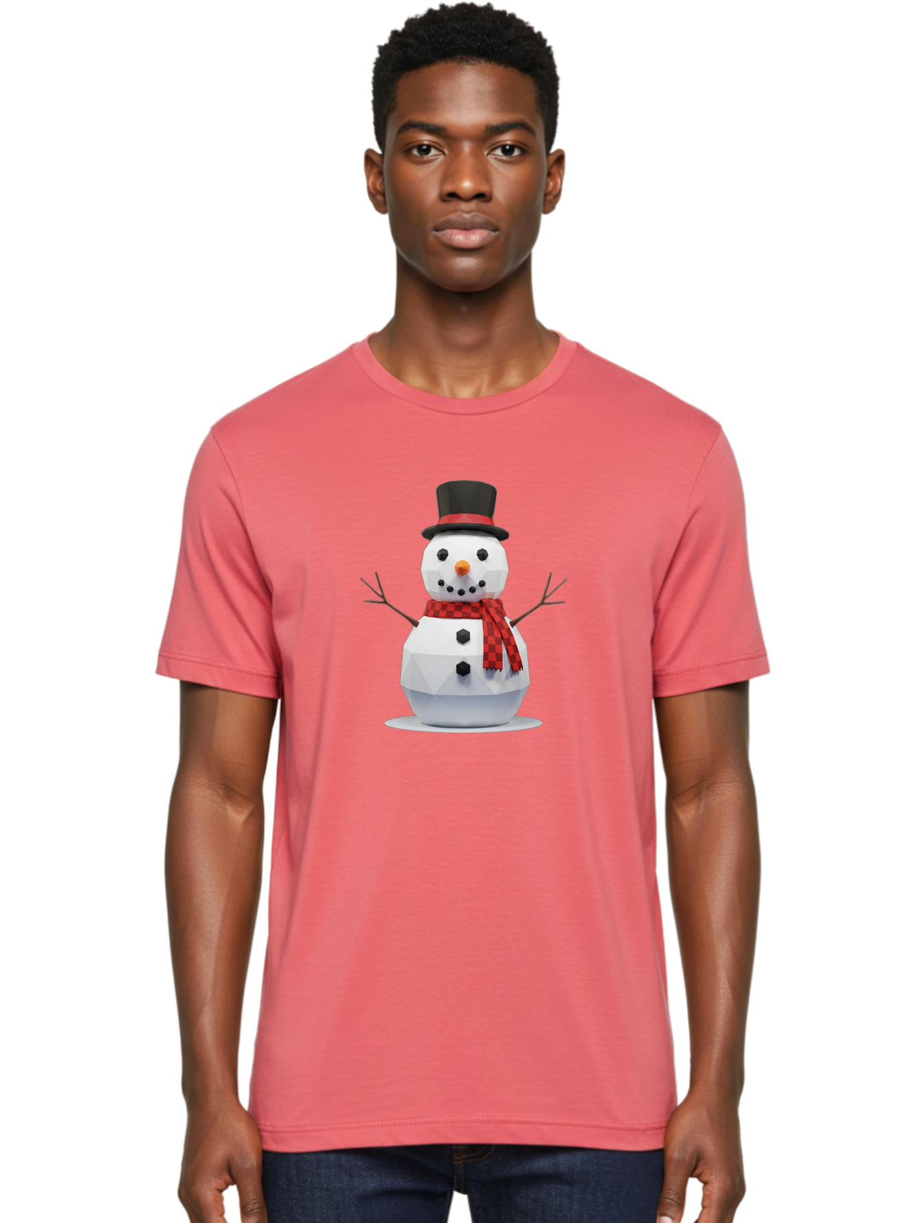 Low-Poly-Snowman-Portrait Men'S Graphic Tee, 100% Cotton, Comfortable Casual Summer Wear, Machine Washable, Low Poly Snowman, 3D Model, Winter Decoration, Festive Character, Checkered Scarf, Black Top Hat, Geometric Design, Christmas Theme, Bac123