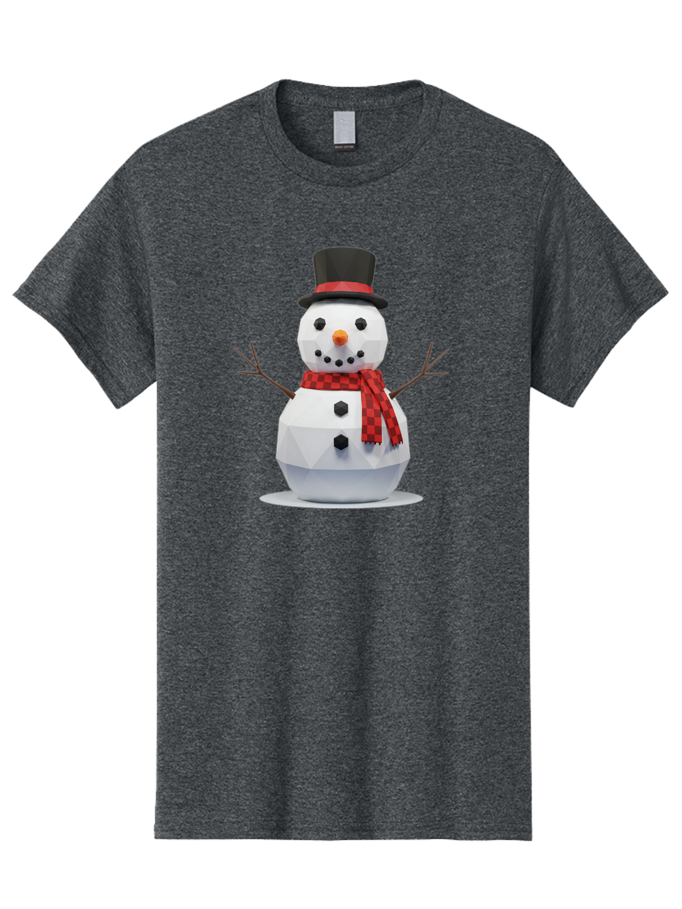 Low-Poly-Snowman-Portrait Men'S Graphic Tee, 100% Cotton, Comfortable Casual Summer Wear, Machine Washable, Low Poly Snowman, 3D Model, Winter Decoration, Festive Character, Checkered Scarf, Black Top Hat, Geometric Design, Christmas Theme, Bac123