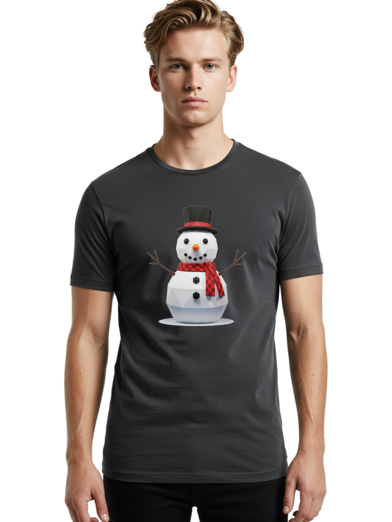 Low-Poly-Snowman-Portrait Men'S Graphic Tee, 100% Cotton, Comfortable Casual Summer Wear, Machine Washable, Low Poly Snowman, 3D Model, Winter Decoration, Festive Character, Checkered Scarf, Black Top Hat, Geometric Design, Christmas Theme, Bac123