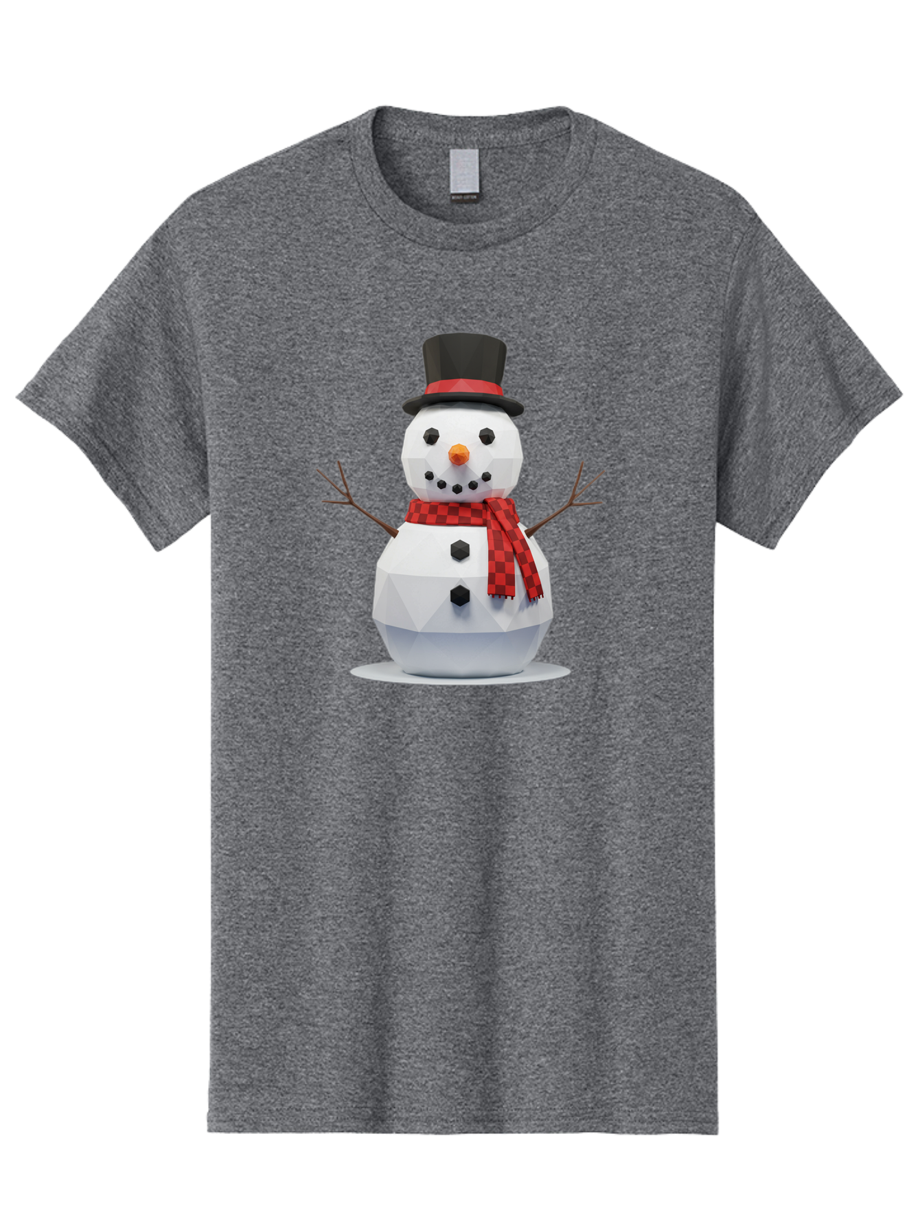 Low-Poly-Snowman-Portrait Men'S Graphic Tee, 100% Cotton, Comfortable Casual Summer Wear, Machine Washable, Low Poly Snowman, 3D Model, Winter Decoration, Festive Character, Checkered Scarf, Black Top Hat, Geometric Design, Christmas Theme, Bac123