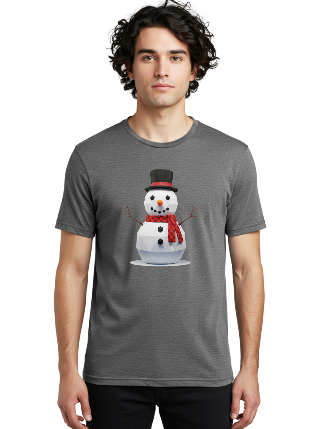 Low-Poly-Snowman-Portrait Men'S Graphic Tee, 100% Cotton, Comfortable Casual Summer Wear, Machine Washable, Low Poly Snowman, 3D Model, Winter Decoration, Festive Character, Checkered Scarf, Black Top Hat, Geometric Design, Christmas Theme, Bac123