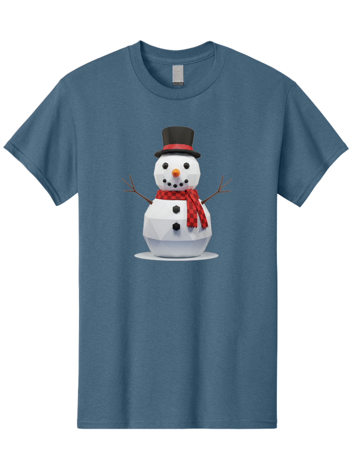 Low-Poly-Snowman-Portrait Men'S Graphic Tee, 100% Cotton, Comfortable Casual Summer Wear, Machine Washable, Low Poly Snowman, 3D Model, Winter Decoration, Festive Character, Checkered Scarf, Black Top Hat, Geometric Design, Christmas Theme, Bac123