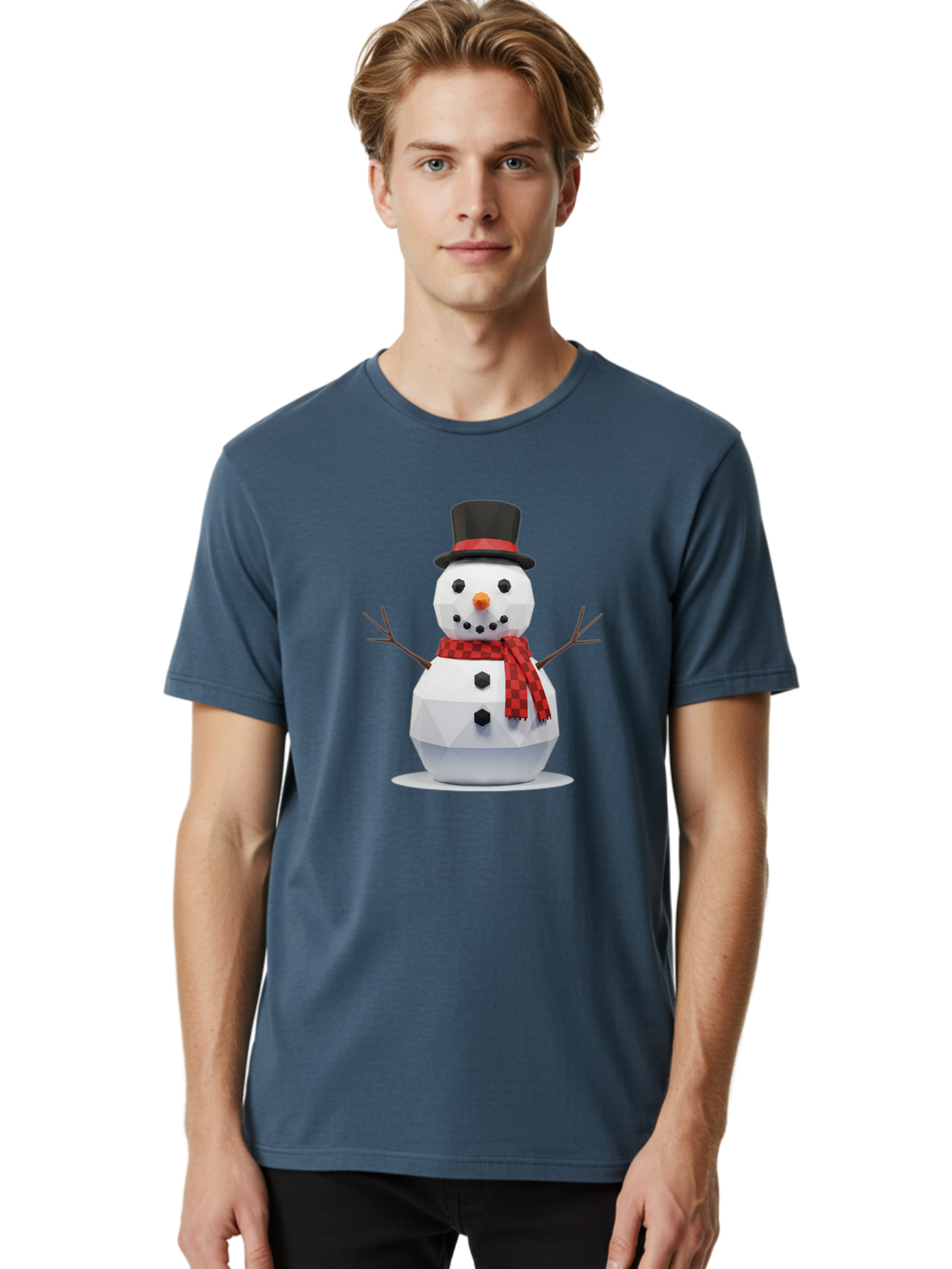 Low-Poly-Snowman-Portrait Men'S Graphic Tee, 100% Cotton, Comfortable Casual Summer Wear, Machine Washable, Low Poly Snowman, 3D Model, Winter Decoration, Festive Character, Checkered Scarf, Black Top Hat, Geometric Design, Christmas Theme, Bac123