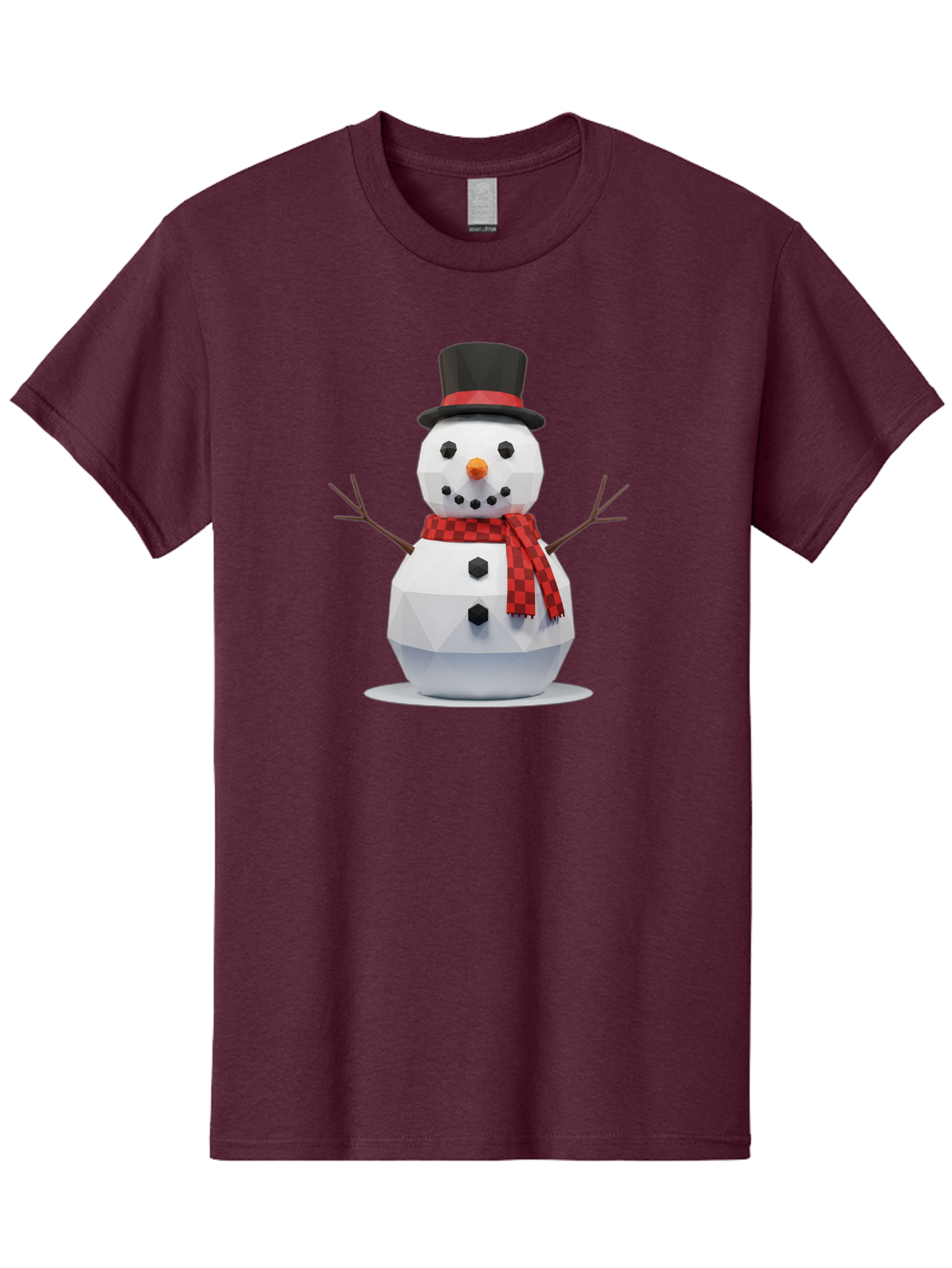 Low-Poly-Snowman-Portrait Men'S Graphic Tee, 100% Cotton, Comfortable Casual Summer Wear, Machine Washable, Low Poly Snowman, 3D Model, Winter Decoration, Festive Character, Checkered Scarf, Black Top Hat, Geometric Design, Christmas Theme, Bac123