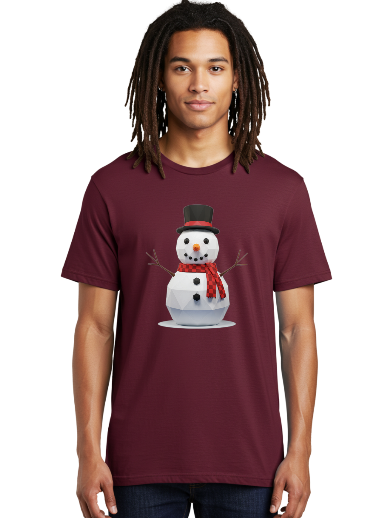 Low-Poly-Snowman-Portrait Men'S Graphic Tee, 100% Cotton, Comfortable Casual Summer Wear, Machine Washable, Low Poly Snowman, 3D Model, Winter Decoration, Festive Character, Checkered Scarf, Black Top Hat, Geometric Design, Christmas Theme, Bac123