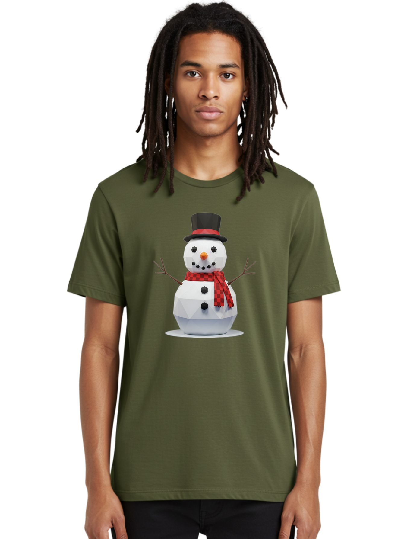 Low-Poly-Snowman-Portrait Men'S Graphic Tee, 100% Cotton, Comfortable Casual Summer Wear, Machine Washable, Low Poly Snowman, 3D Model, Winter Decoration, Festive Character, Checkered Scarf, Black Top Hat, Geometric Design, Christmas Theme, Bac123