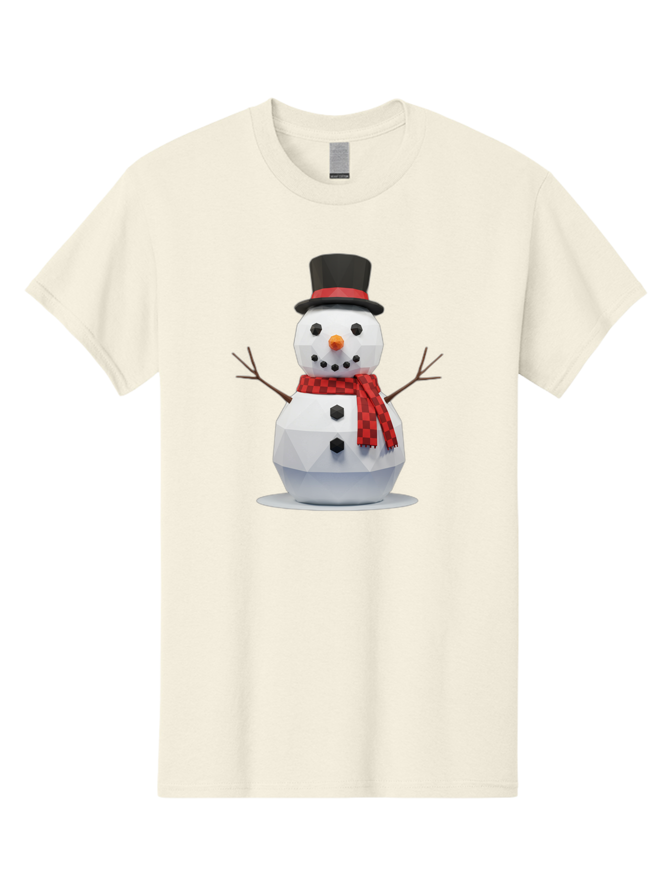 Low-Poly-Snowman-Portrait Men'S Graphic Tee, 100% Cotton, Comfortable Casual Summer Wear, Machine Washable, Low Poly Snowman, 3D Model, Winter Decoration, Festive Character, Checkered Scarf, Black Top Hat, Geometric Design, Christmas Theme, Bac123