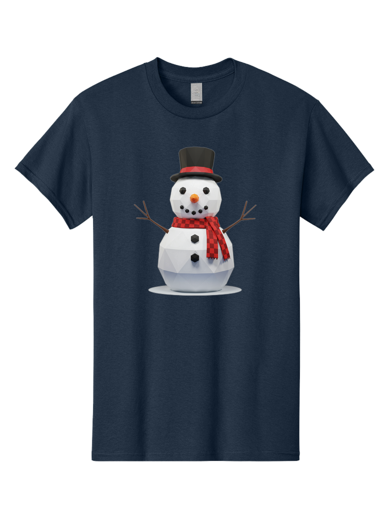 Low-Poly-Snowman-Portrait Men'S Graphic Tee, 100% Cotton, Comfortable Casual Summer Wear, Machine Washable, Low Poly Snowman, 3D Model, Winter Decoration, Festive Character, Checkered Scarf, Black Top Hat, Geometric Design, Christmas Theme, Bac123