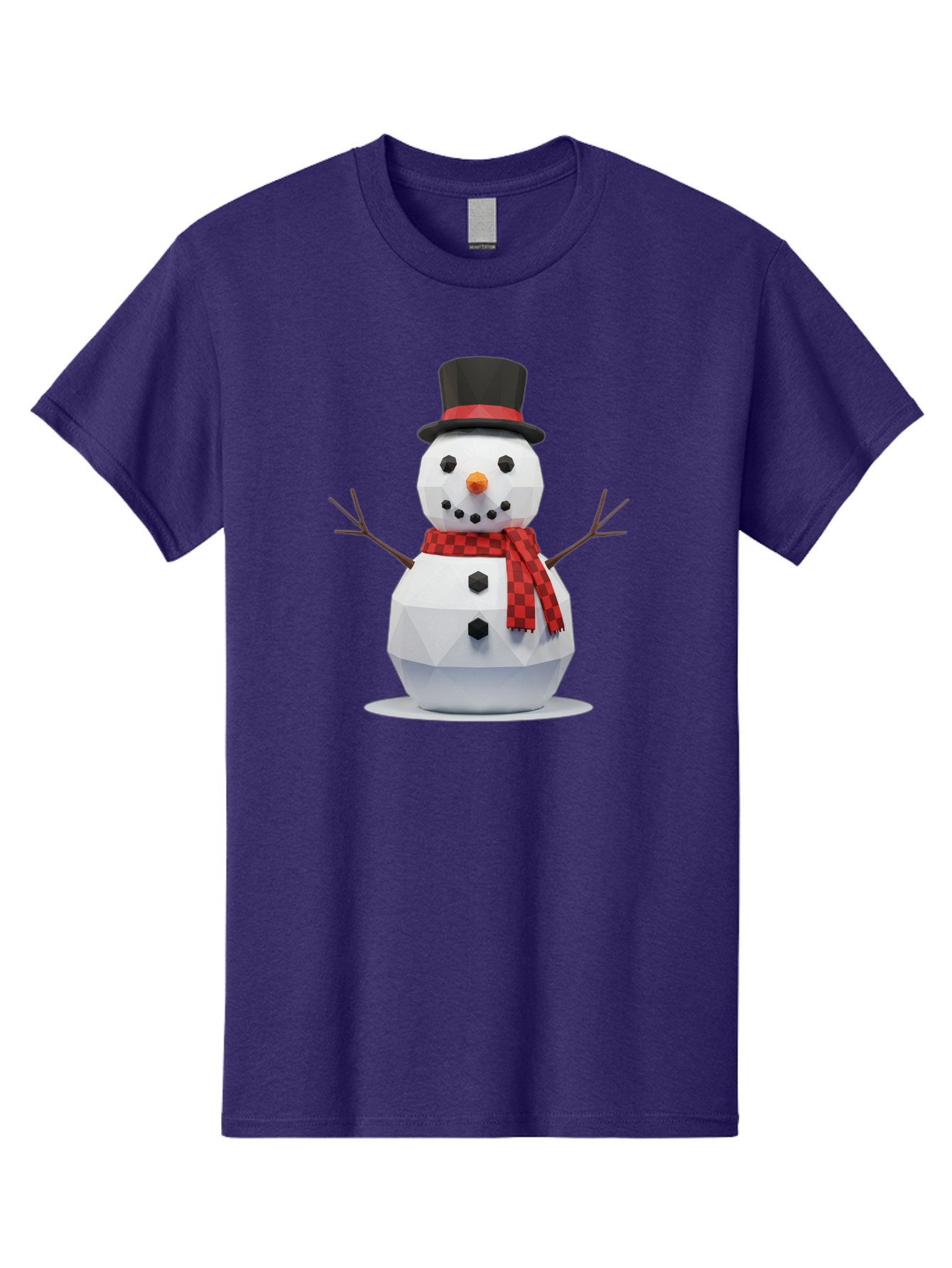 Low-Poly-Snowman-Portrait Men'S Graphic Tee, 100% Cotton, Comfortable Casual Summer Wear, Machine Washable, Low Poly Snowman, 3D Model, Winter Decoration, Festive Character, Checkered Scarf, Black Top Hat, Geometric Design, Christmas Theme, Bac123