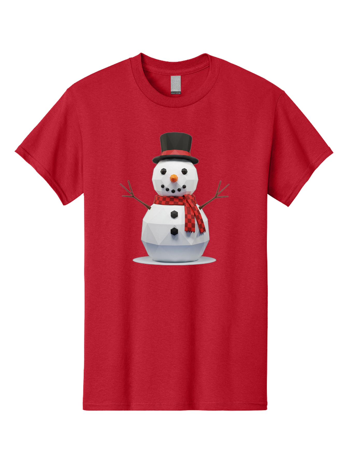 Low-Poly-Snowman-Portrait Men'S Graphic Tee, 100% Cotton, Comfortable Casual Summer Wear, Machine Washable, Low Poly Snowman, 3D Model, Winter Decoration, Festive Character, Checkered Scarf, Black Top Hat, Geometric Design, Christmas Theme, Bac123