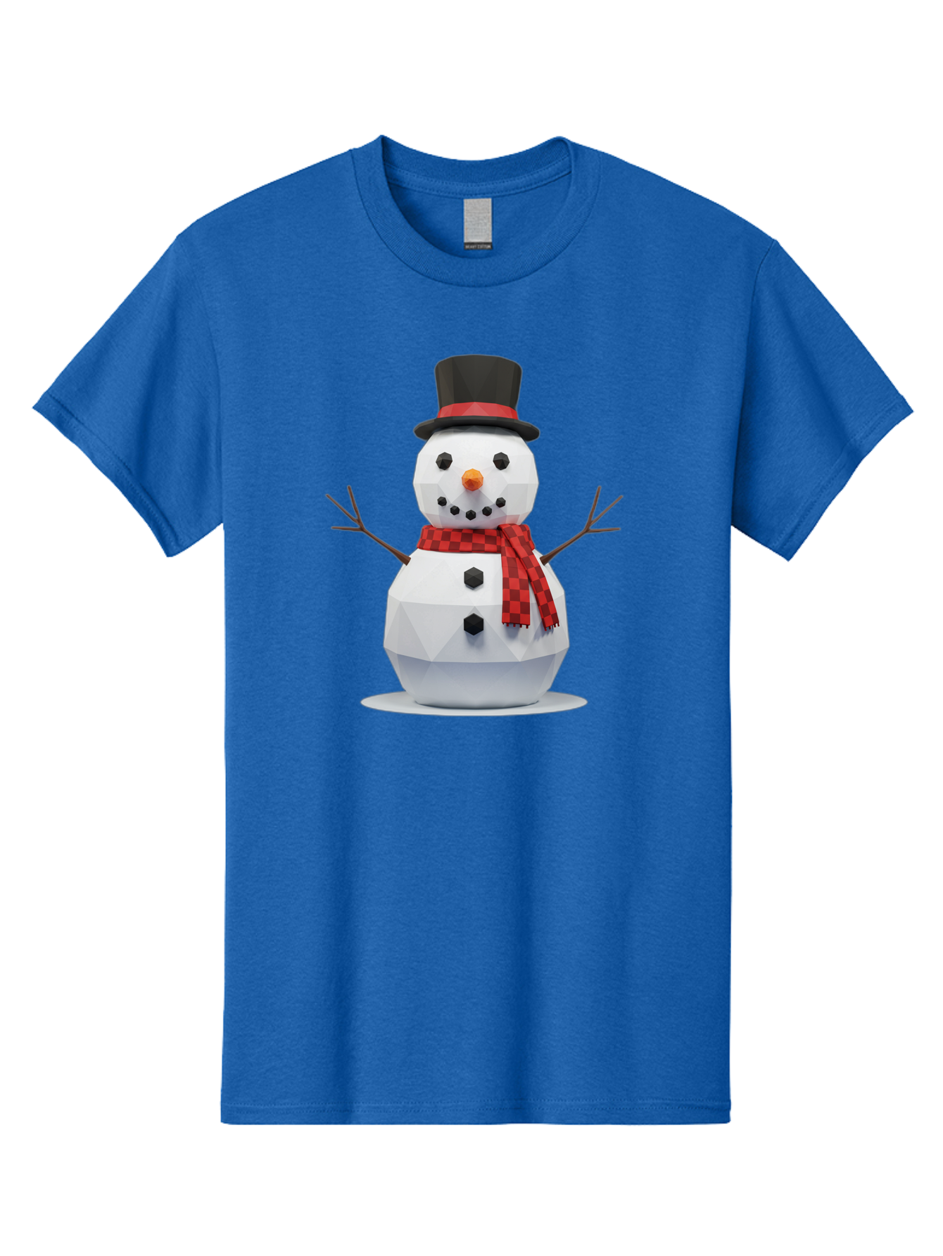 Low-Poly-Snowman-Portrait Men'S Graphic Tee, 100% Cotton, Comfortable Casual Summer Wear, Machine Washable, Low Poly Snowman, 3D Model, Winter Decoration, Festive Character, Checkered Scarf, Black Top Hat, Geometric Design, Christmas Theme, Bac123