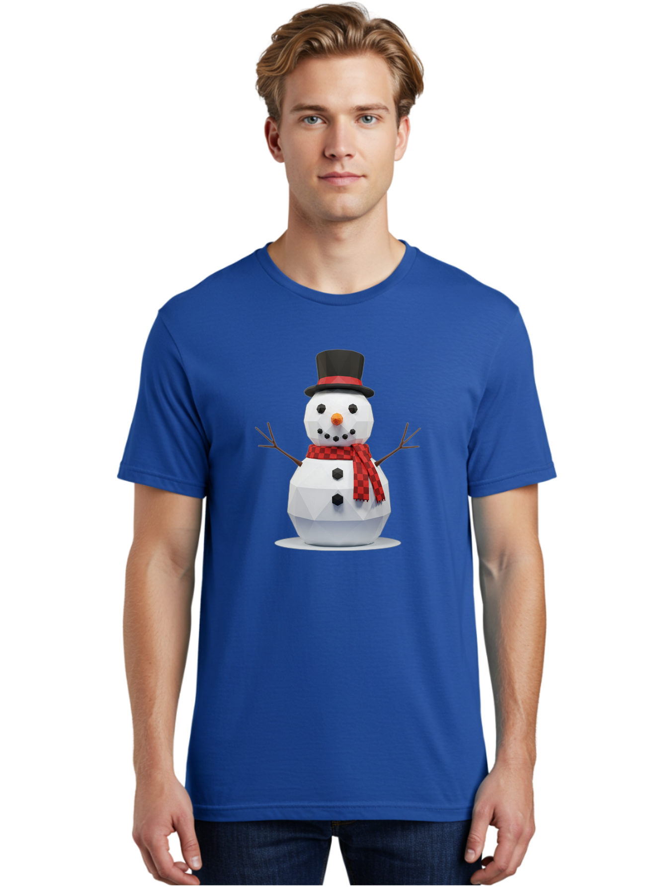 Low-Poly-Snowman-Portrait Men'S Graphic Tee, 100% Cotton, Comfortable Casual Summer Wear, Machine Washable, Low Poly Snowman, 3D Model, Winter Decoration, Festive Character, Checkered Scarf, Black Top Hat, Geometric Design, Christmas Theme, Bac123