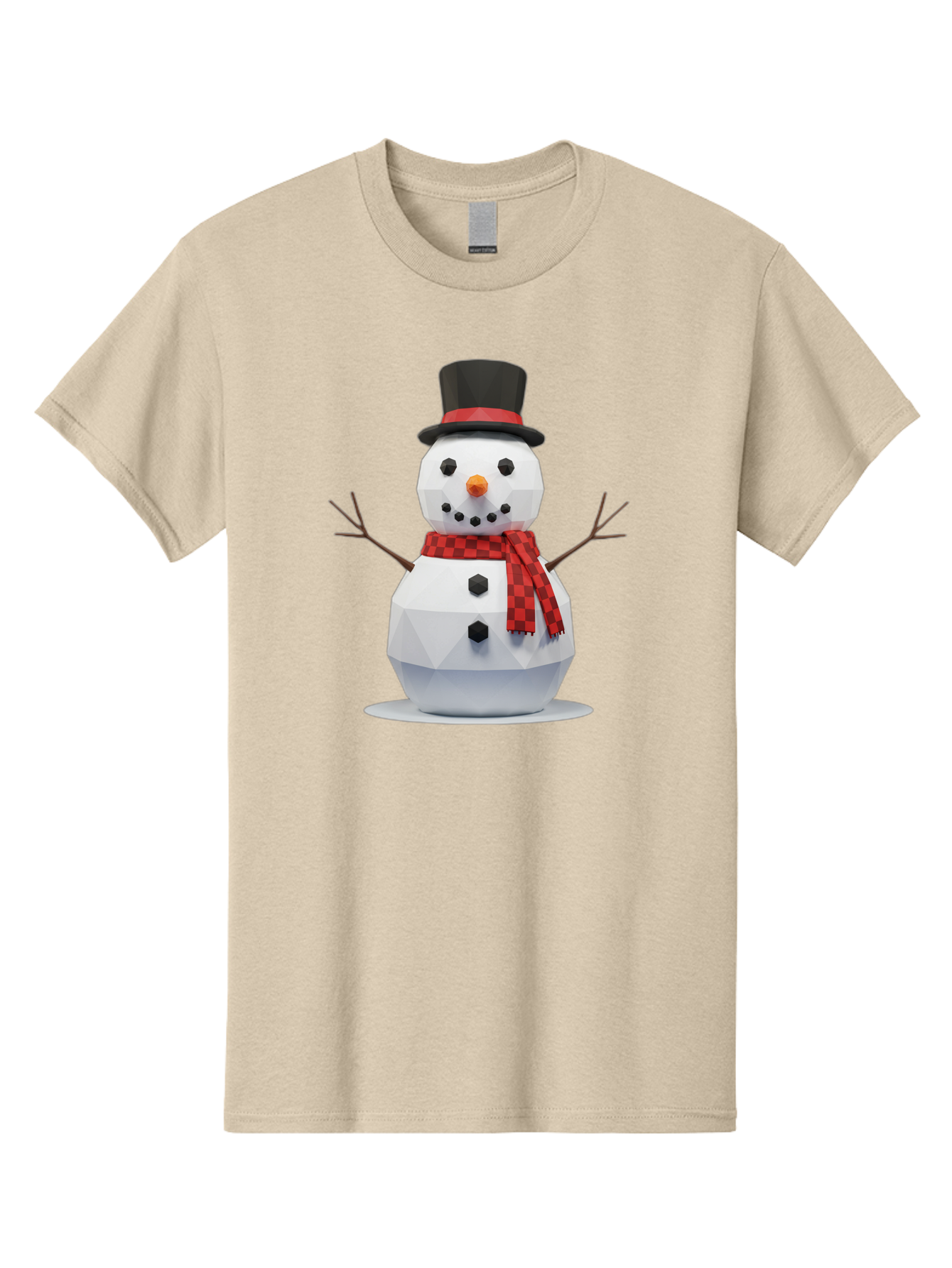 Low-Poly-Snowman-Portrait Men'S Graphic Tee, 100% Cotton, Comfortable Casual Summer Wear, Machine Washable, Low Poly Snowman, 3D Model, Winter Decoration, Festive Character, Checkered Scarf, Black Top Hat, Geometric Design, Christmas Theme, Bac123