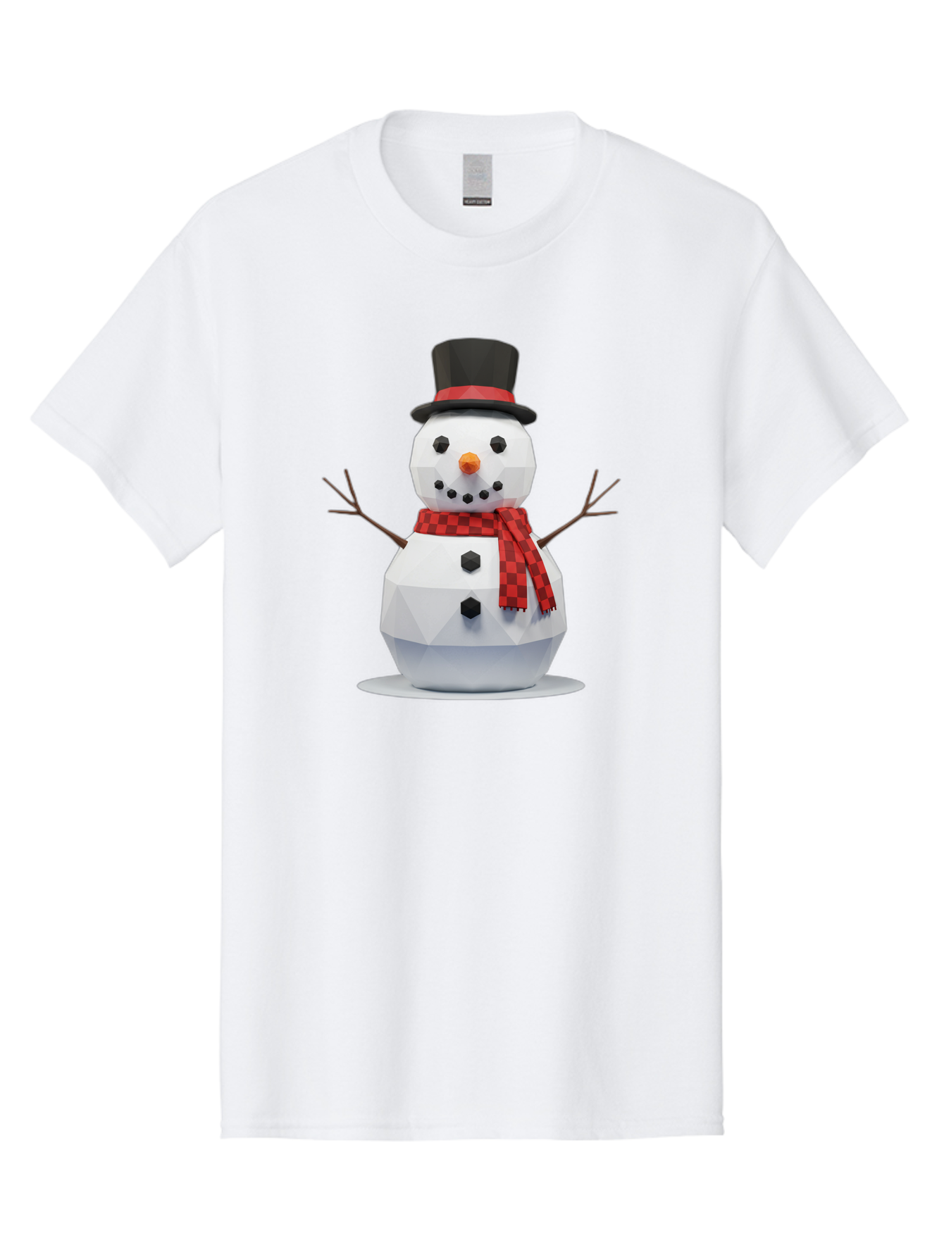 Low-Poly-Snowman-Portrait Men'S Graphic Tee, 100% Cotton, Comfortable Casual Summer Wear, Machine Washable, Low Poly Snowman, 3D Model, Winter Decoration, Festive Character, Checkered Scarf, Black Top Hat, Geometric Design, Christmas Theme, Bac123
