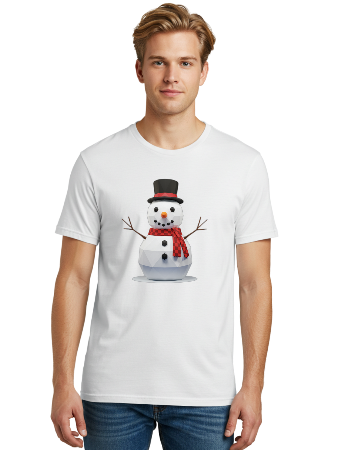 Low-Poly-Snowman-Portrait Men'S Graphic Tee, 100% Cotton, Comfortable Casual Summer Wear, Machine Washable, Low Poly Snowman, 3D Model, Winter Decoration, Festive Character, Checkered Scarf, Black Top Hat, Geometric Design, Christmas Theme, Bac123