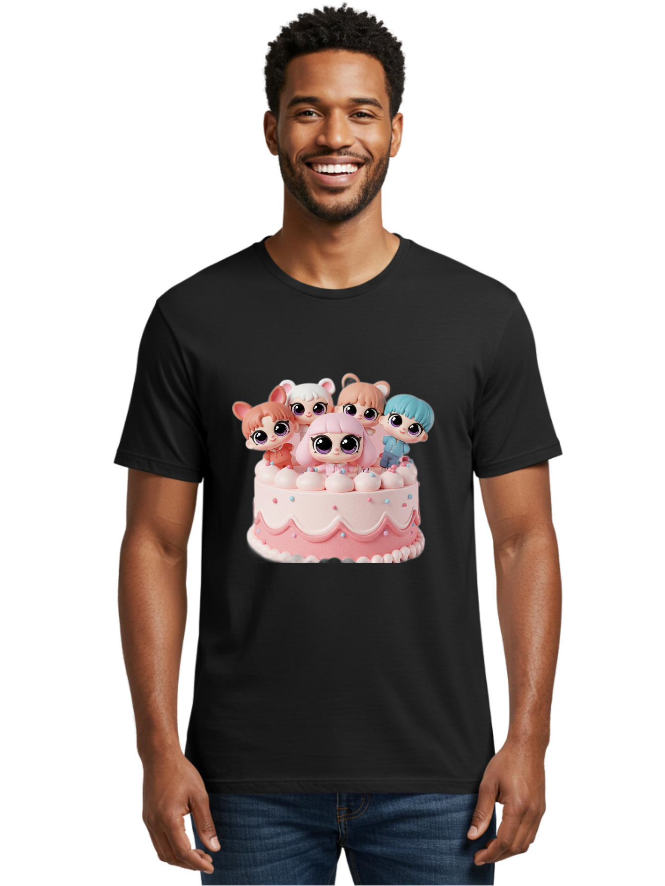 Lps-On-Cake Men'S Graphic Tee, 100% Cotton, Comfortable Casual Summer Wear, Machine Washable, Cute Dolls On Cake, Pastel Colors, Sweet Treats, Adorable Toys, Kawaii Culture, Doll Collectors, Birthday Celebrations, Pastel Pink And White, Bac124