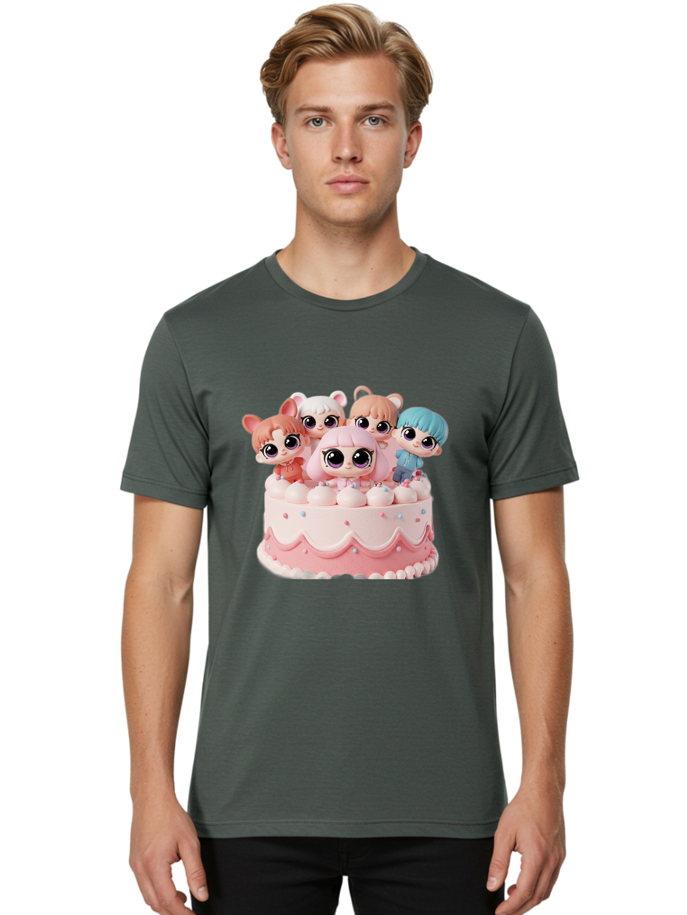 Lps-On-Cake Men'S Graphic Tee, 100% Cotton, Comfortable Casual Summer Wear, Machine Washable, Cute Dolls On Cake, Pastel Colors, Sweet Treats, Adorable Toys, Kawaii Culture, Doll Collectors, Birthday Celebrations, Pastel Pink And White, Bac124