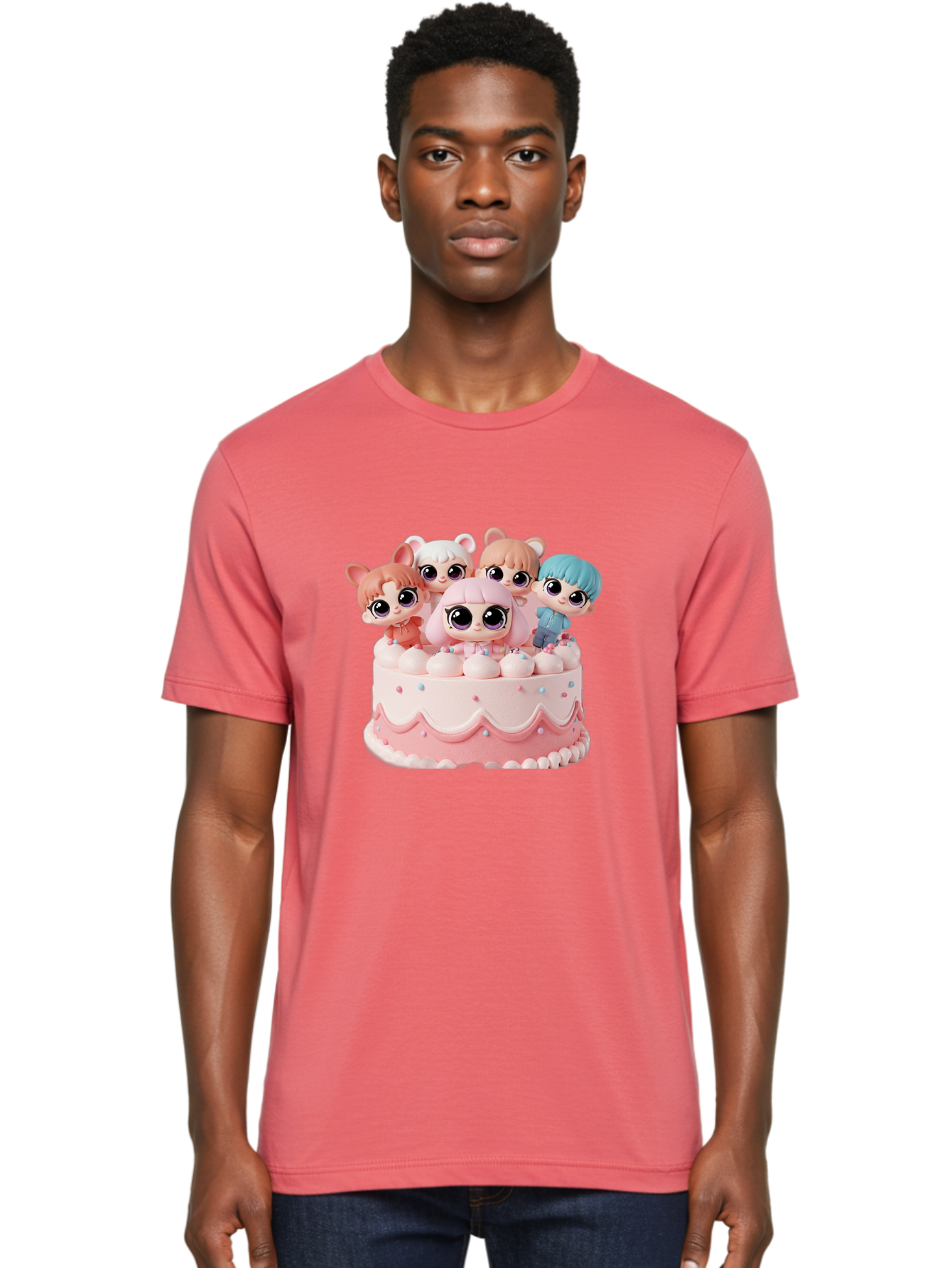 Lps-On-Cake Men'S Graphic Tee, 100% Cotton, Comfortable Casual Summer Wear, Machine Washable, Cute Dolls On Cake, Pastel Colors, Sweet Treats, Adorable Toys, Kawaii Culture, Doll Collectors, Birthday Celebrations, Pastel Pink And White, Bac124