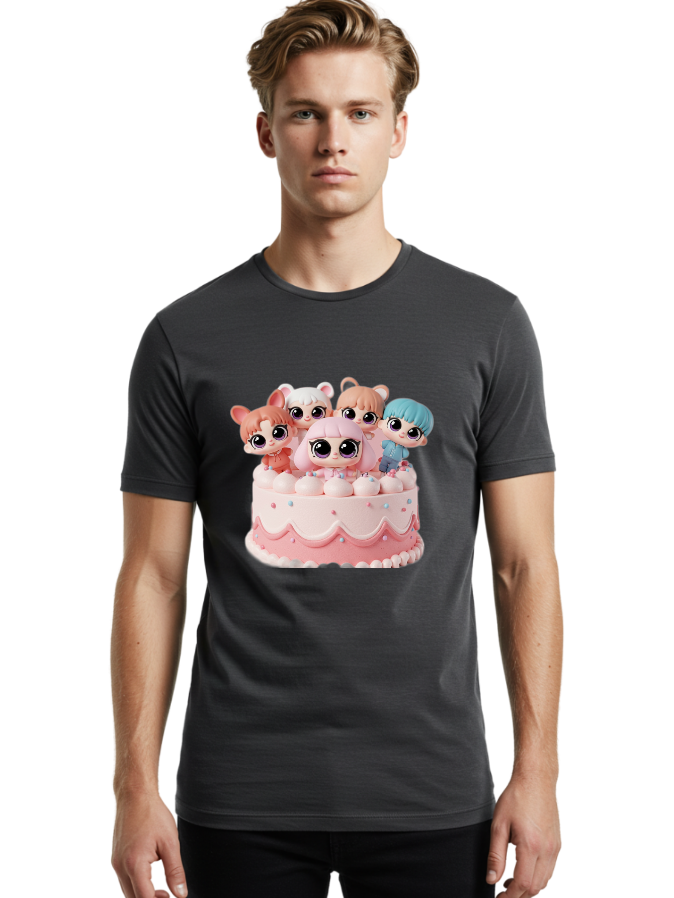 Lps-On-Cake Men'S Graphic Tee, 100% Cotton, Comfortable Casual Summer Wear, Machine Washable, Cute Dolls On Cake, Pastel Colors, Sweet Treats, Adorable Toys, Kawaii Culture, Doll Collectors, Birthday Celebrations, Pastel Pink And White, Bac124