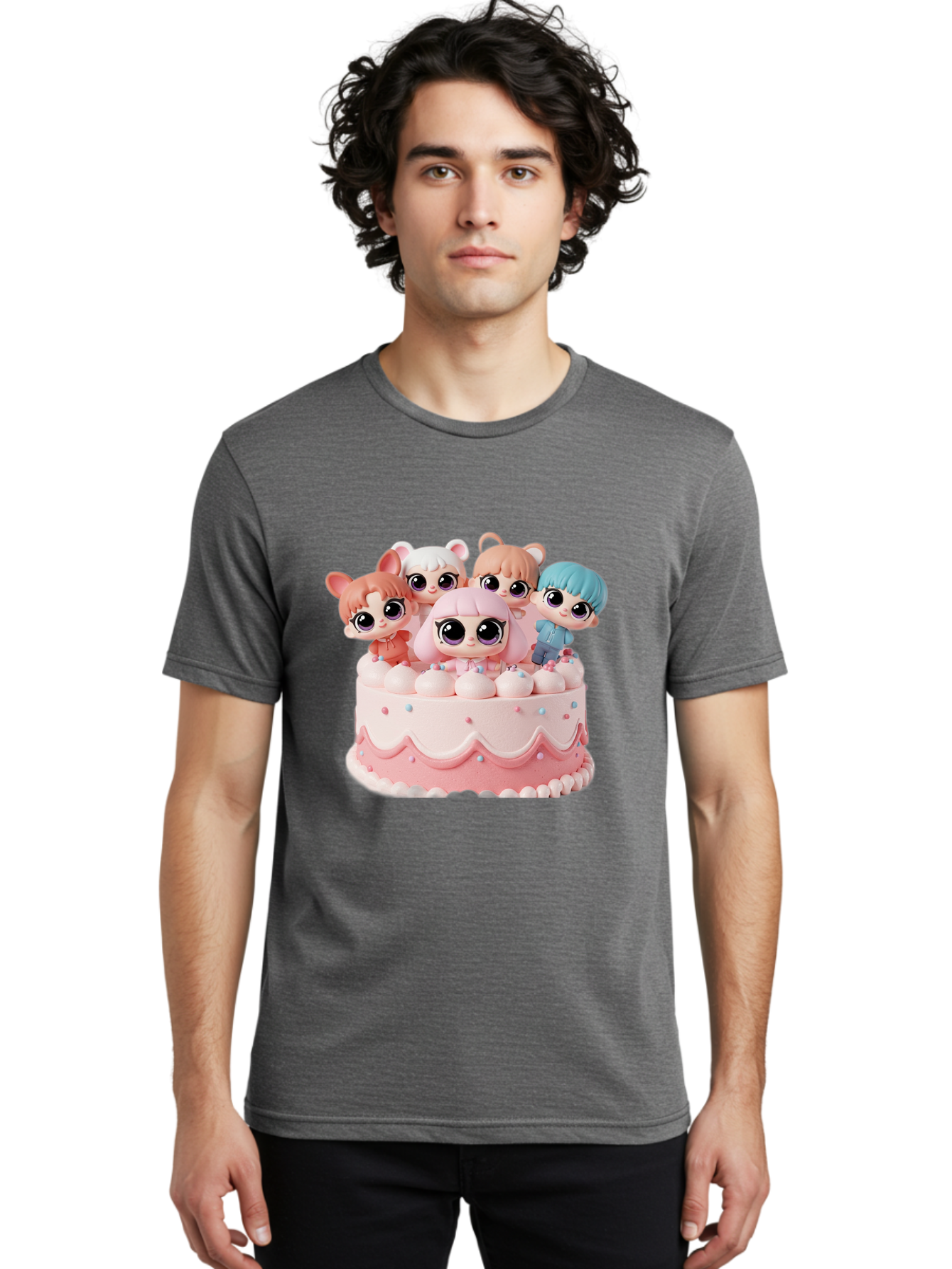 Lps-On-Cake Men'S Graphic Tee, 100% Cotton, Comfortable Casual Summer Wear, Machine Washable, Cute Dolls On Cake, Pastel Colors, Sweet Treats, Adorable Toys, Kawaii Culture, Doll Collectors, Birthday Celebrations, Pastel Pink And White, Bac124