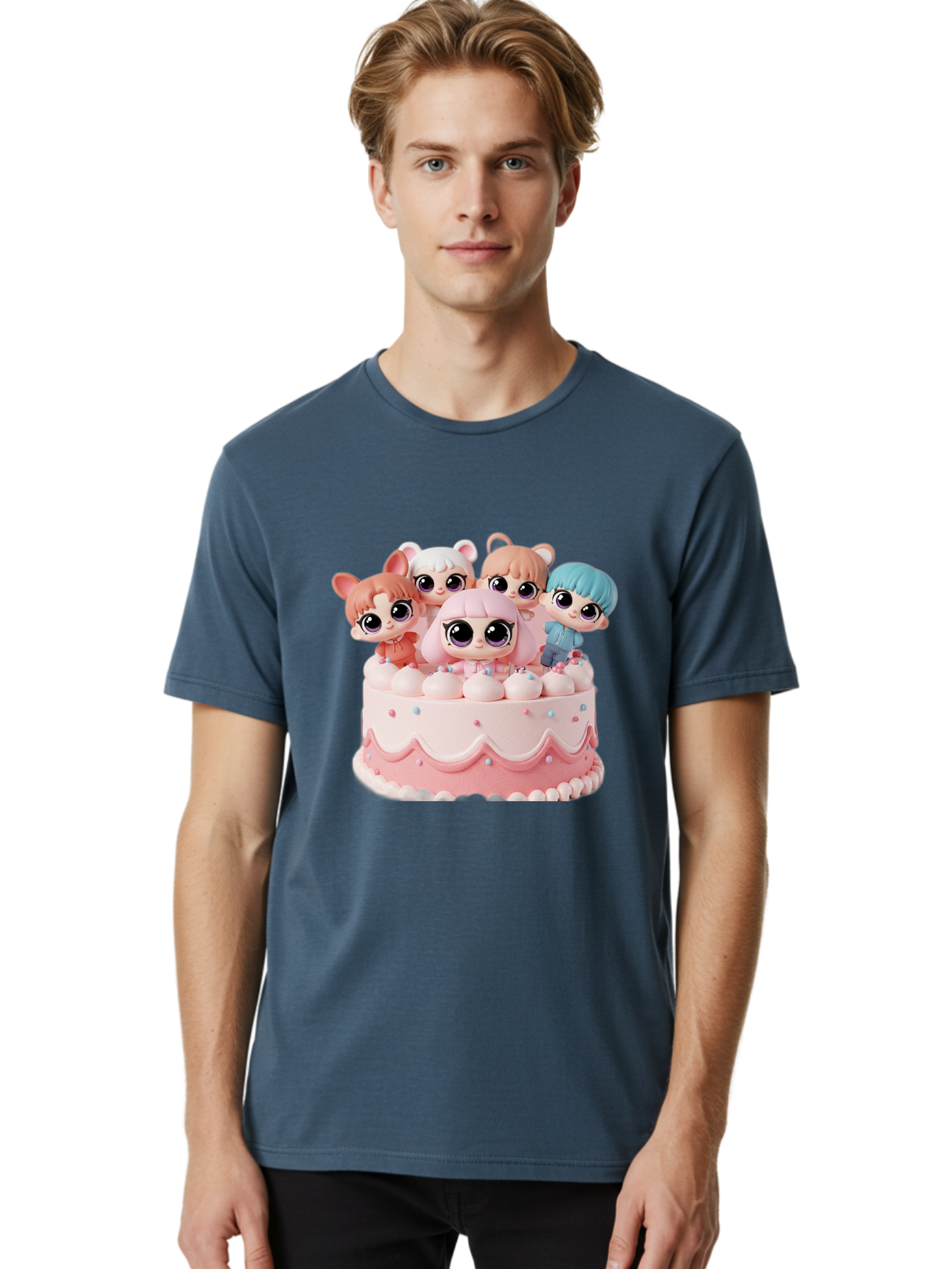 Lps-On-Cake Men'S Graphic Tee, 100% Cotton, Comfortable Casual Summer Wear, Machine Washable, Cute Dolls On Cake, Pastel Colors, Sweet Treats, Adorable Toys, Kawaii Culture, Doll Collectors, Birthday Celebrations, Pastel Pink And White, Bac124