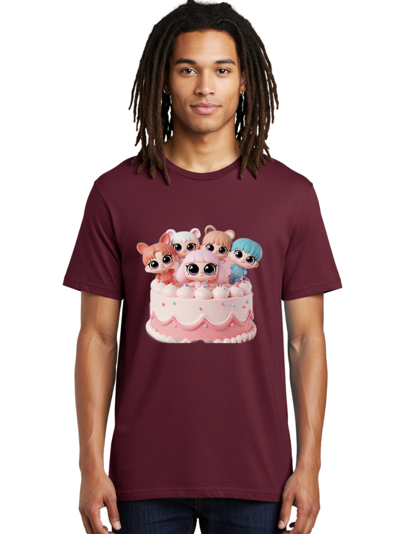 Lps-On-Cake Men'S Graphic Tee, 100% Cotton, Comfortable Casual Summer Wear, Machine Washable, Cute Dolls On Cake, Pastel Colors, Sweet Treats, Adorable Toys, Kawaii Culture, Doll Collectors, Birthday Celebrations, Pastel Pink And White, Bac124