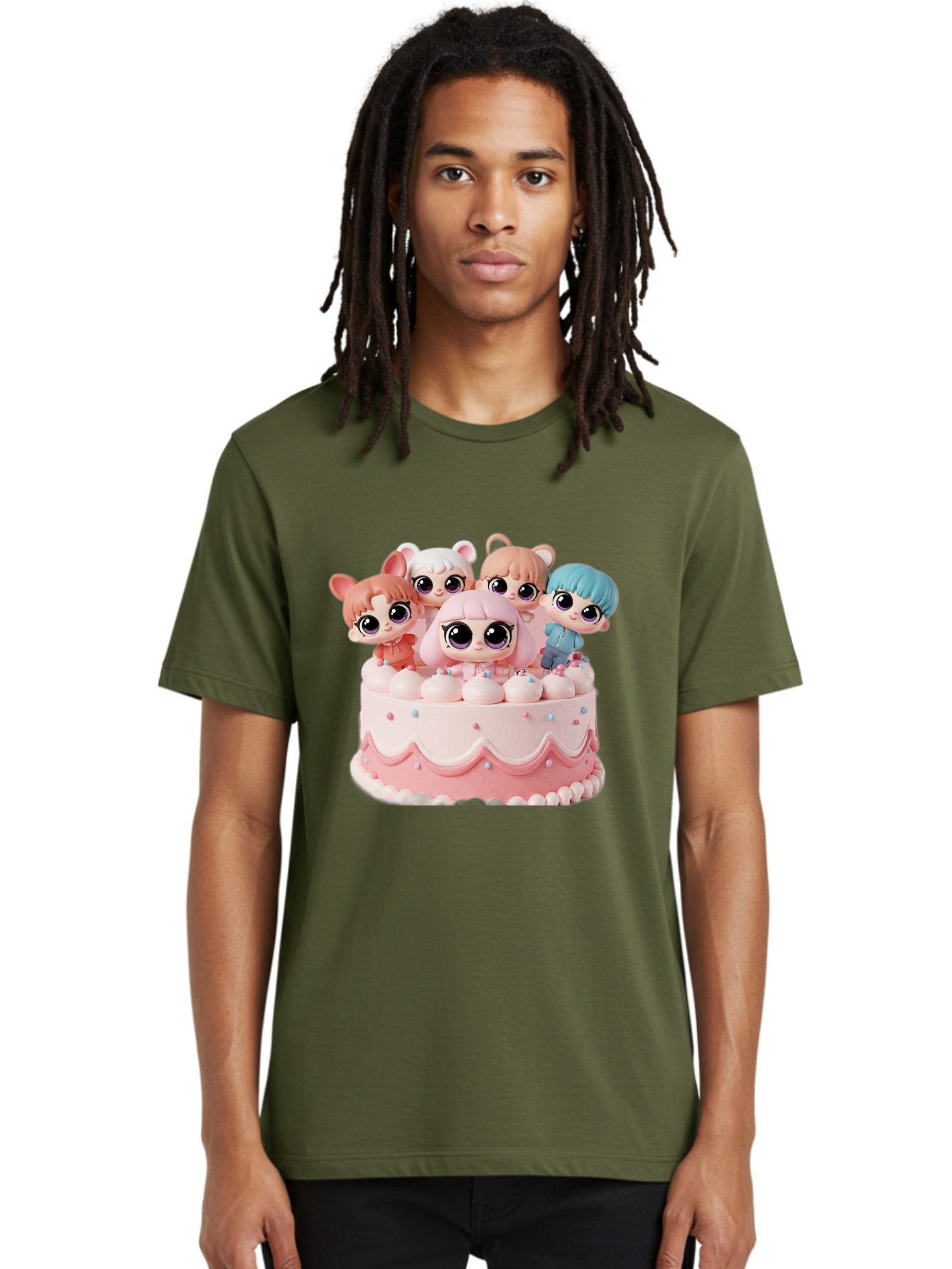 Lps-On-Cake Men'S Graphic Tee, 100% Cotton, Comfortable Casual Summer Wear, Machine Washable, Cute Dolls On Cake, Pastel Colors, Sweet Treats, Adorable Toys, Kawaii Culture, Doll Collectors, Birthday Celebrations, Pastel Pink And White, Bac124