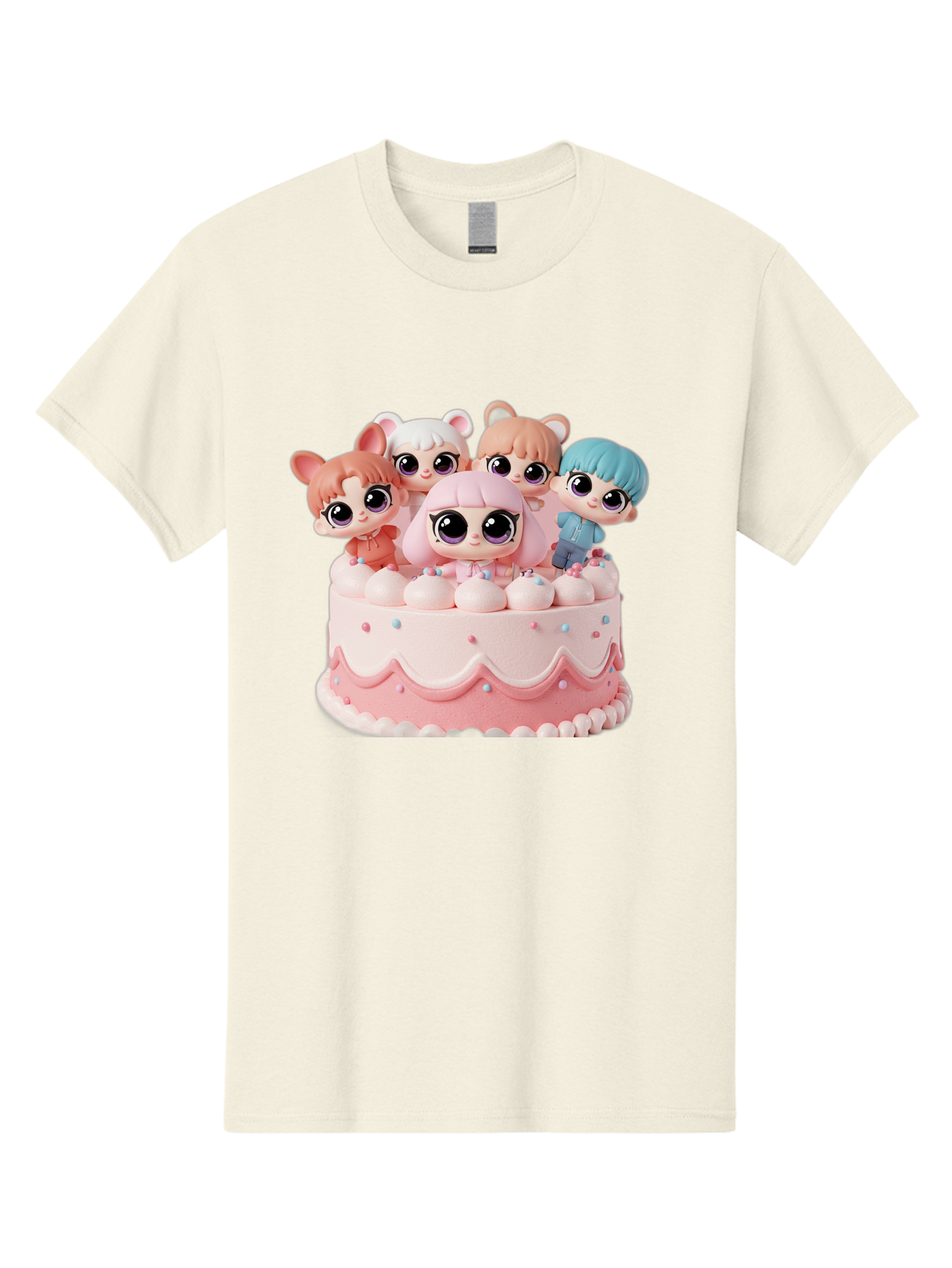 Lps-On-Cake Men'S Graphic Tee, 100% Cotton, Comfortable Casual Summer Wear, Machine Washable, Cute Dolls On Cake, Pastel Colors, Sweet Treats, Adorable Toys, Kawaii Culture, Doll Collectors, Birthday Celebrations, Pastel Pink And White, Bac124