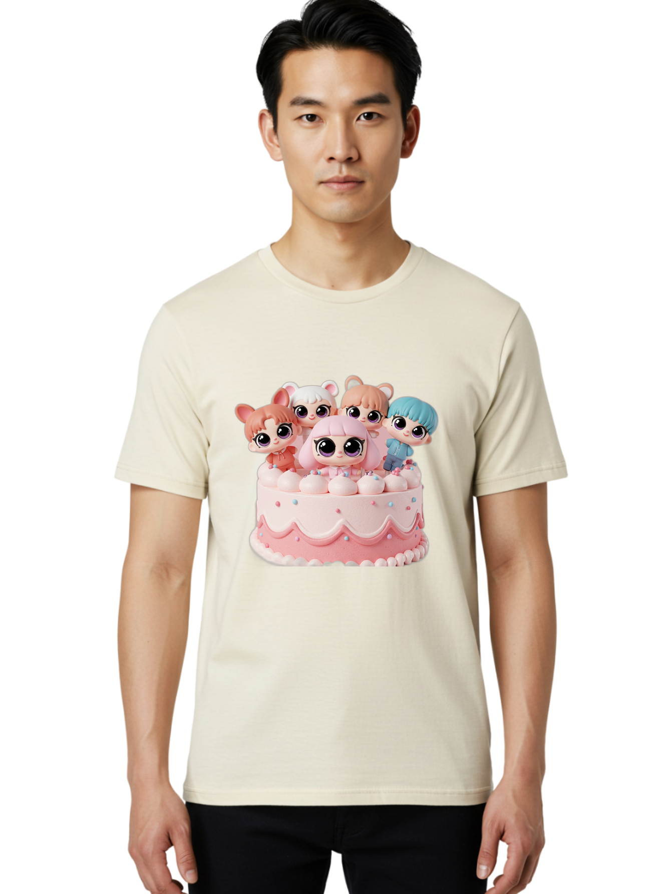 Lps-On-Cake Men'S Graphic Tee, 100% Cotton, Comfortable Casual Summer Wear, Machine Washable, Cute Dolls On Cake, Pastel Colors, Sweet Treats, Adorable Toys, Kawaii Culture, Doll Collectors, Birthday Celebrations, Pastel Pink And White, Bac124