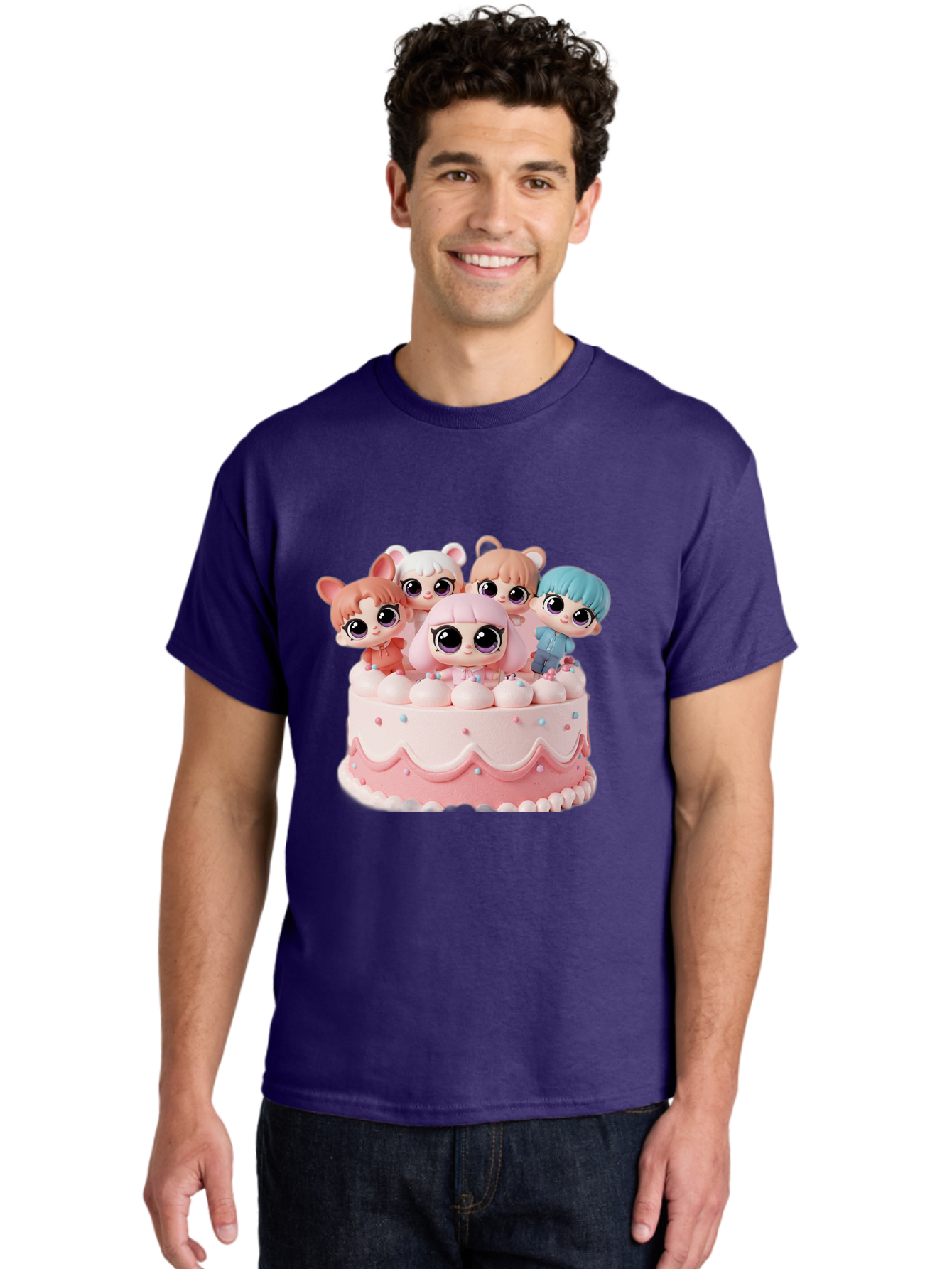 Lps-On-Cake Men'S Graphic Tee, 100% Cotton, Comfortable Casual Summer Wear, Machine Washable, Cute Dolls On Cake, Pastel Colors, Sweet Treats, Adorable Toys, Kawaii Culture, Doll Collectors, Birthday Celebrations, Pastel Pink And White, Bac124