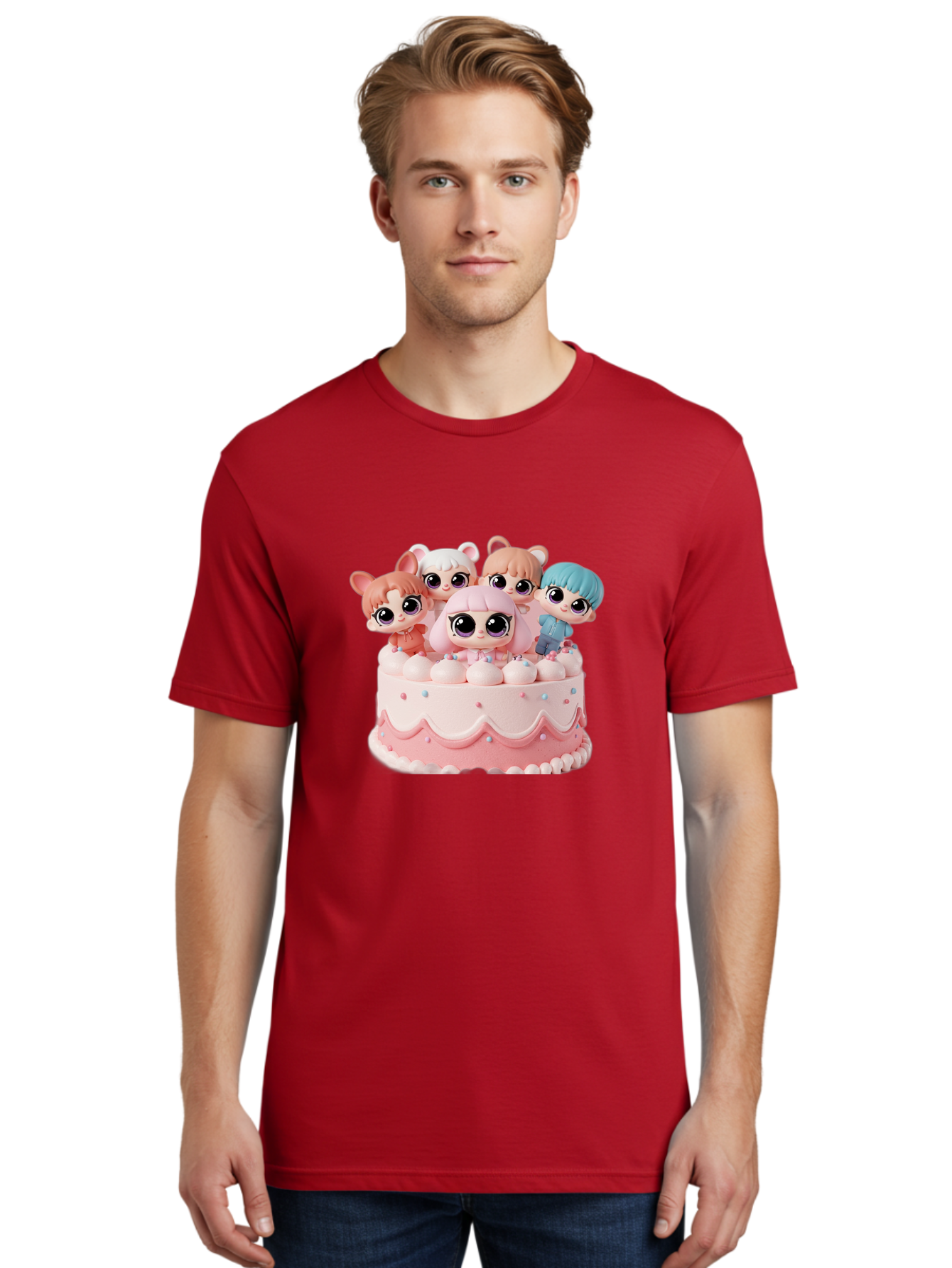 Lps-On-Cake Men'S Graphic Tee, 100% Cotton, Comfortable Casual Summer Wear, Machine Washable, Cute Dolls On Cake, Pastel Colors, Sweet Treats, Adorable Toys, Kawaii Culture, Doll Collectors, Birthday Celebrations, Pastel Pink And White, Bac124