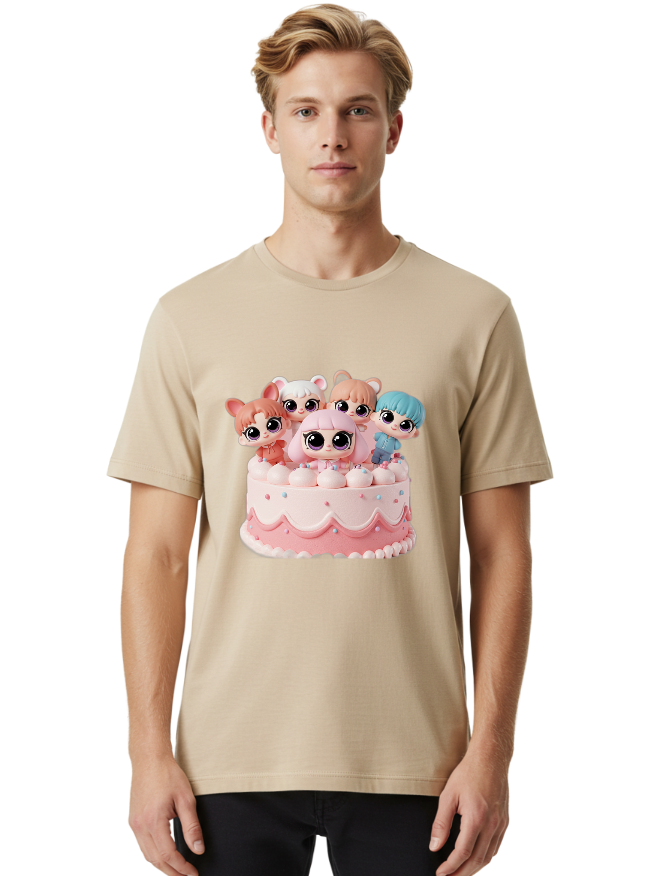 Lps-On-Cake Men'S Graphic Tee, 100% Cotton, Comfortable Casual Summer Wear, Machine Washable, Cute Dolls On Cake, Pastel Colors, Sweet Treats, Adorable Toys, Kawaii Culture, Doll Collectors, Birthday Celebrations, Pastel Pink And White, Bac124