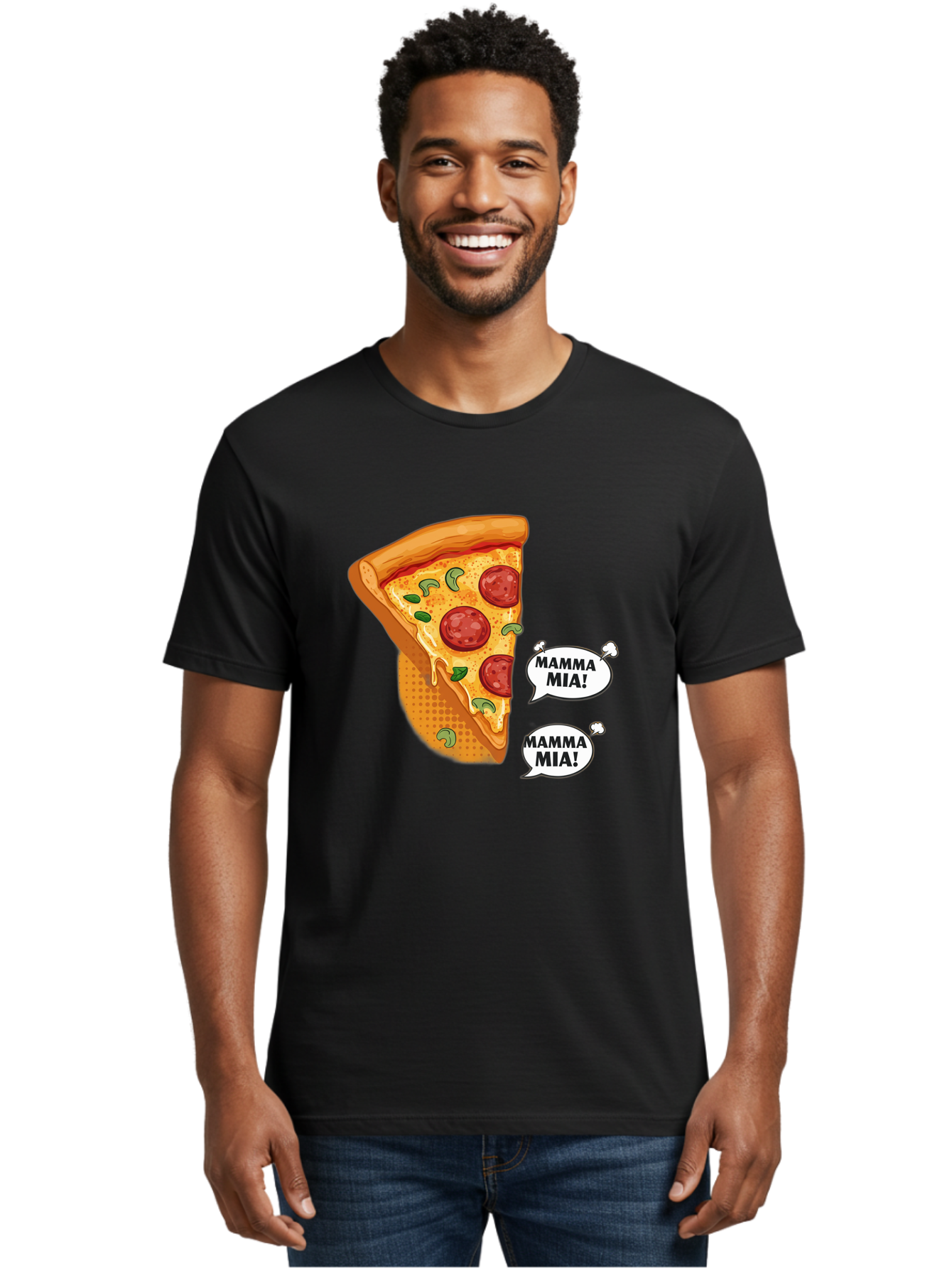 Mamma-Mia-Pizza Men'S Graphic Tee, 100% Cotton, Comfortable Casual Summer Wear, Machine Washable, Pepperoni Pizza Slice, Melted Cheese, Green Basil, Italian Food, Delicious Meal, Mamma Mia, Cartoon Style, Appetizing Dish, Cheesy Goodness, Bac125