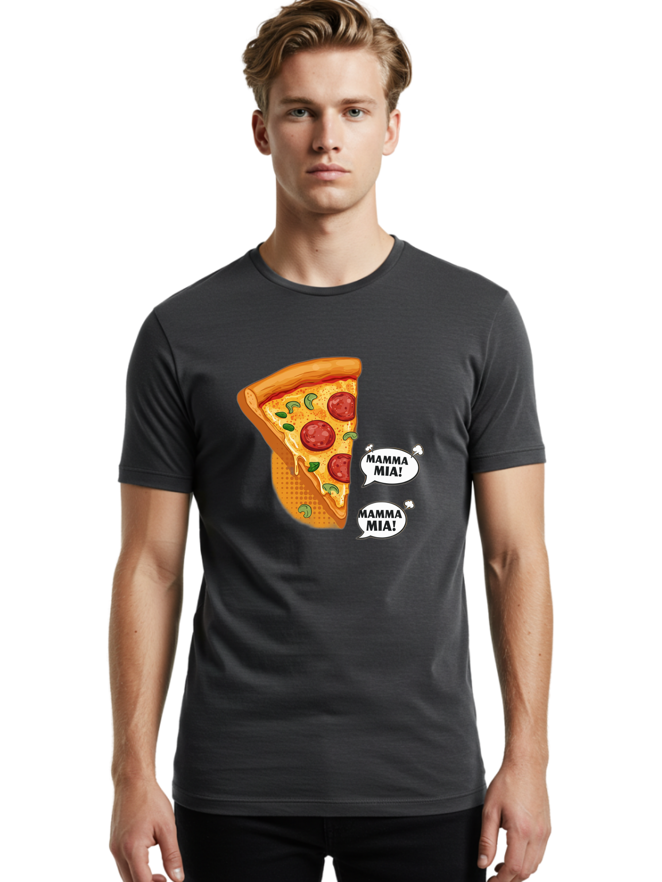 Mamma-Mia-Pizza Men'S Graphic Tee, 100% Cotton, Comfortable Casual Summer Wear, Machine Washable, Pepperoni Pizza Slice, Melted Cheese, Green Basil, Italian Food, Delicious Meal, Mamma Mia, Cartoon Style, Appetizing Dish, Cheesy Goodness, Bac125